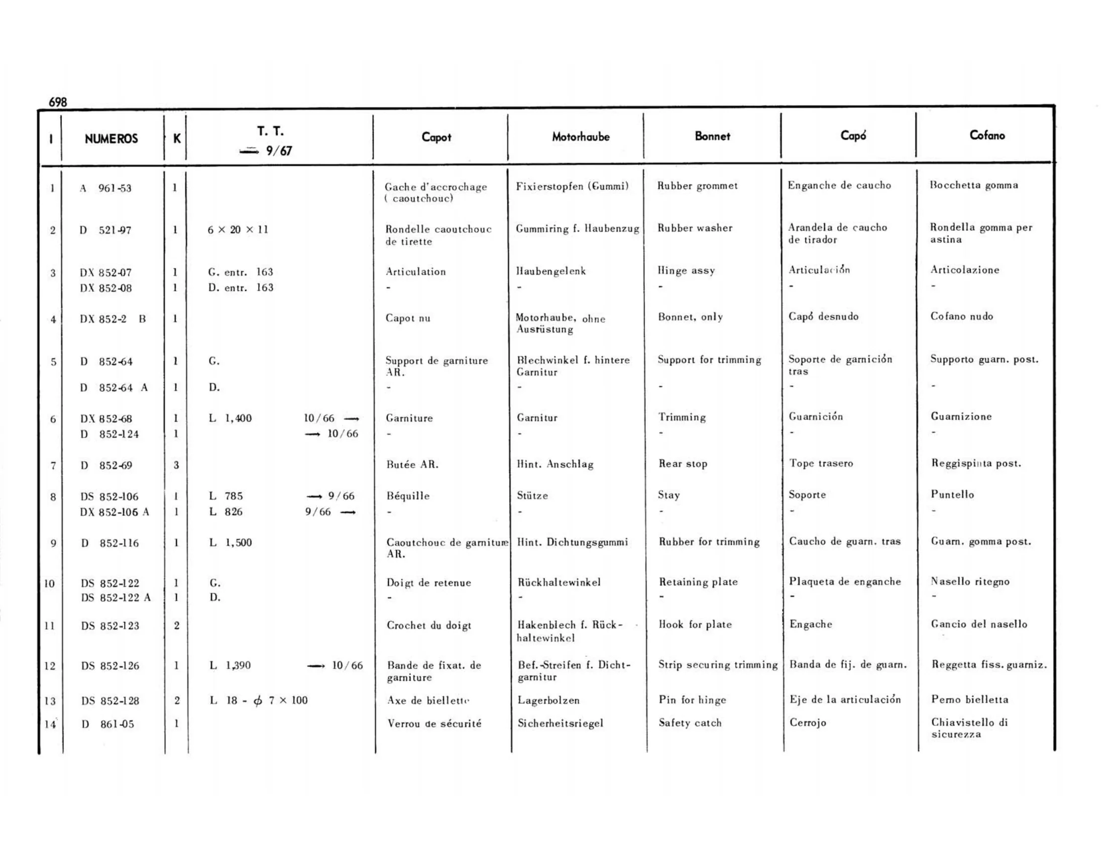 Bonnet / >9/67, page 275 of 503 — 598 Parts Catalogue — Volume II