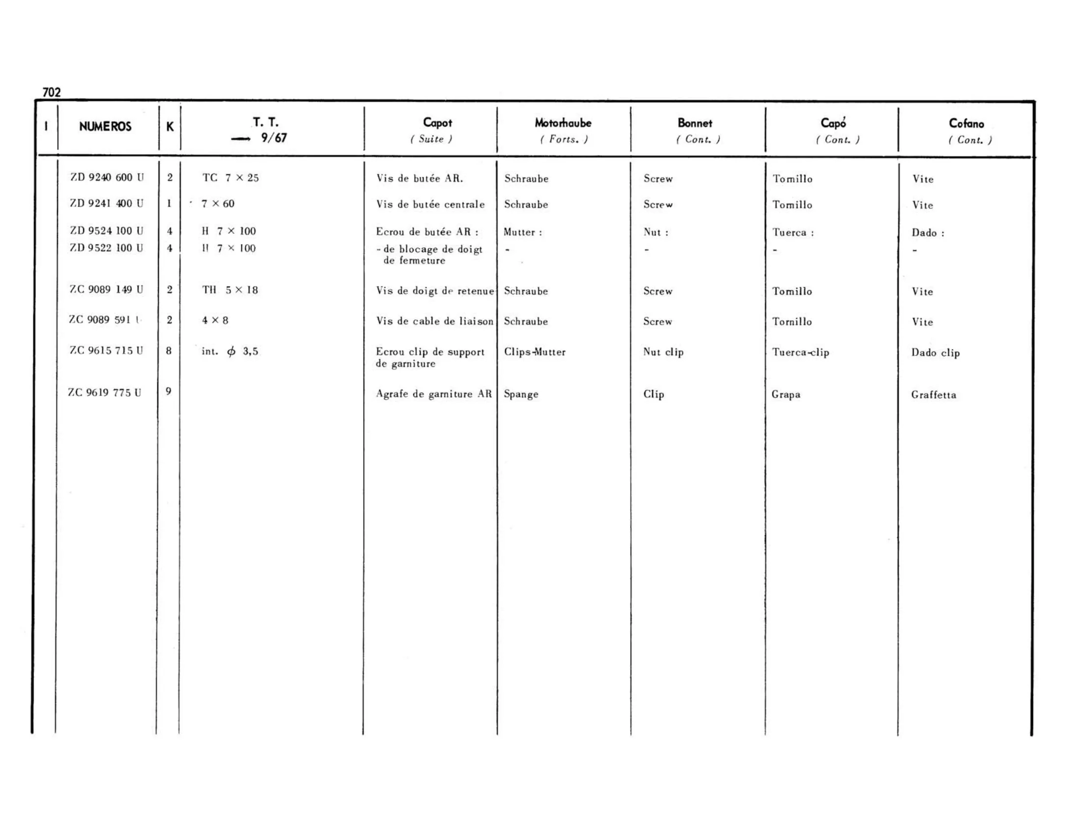 Bonnet / >9/67, page 277 of 503 — 598 Parts Catalogue — Volume II