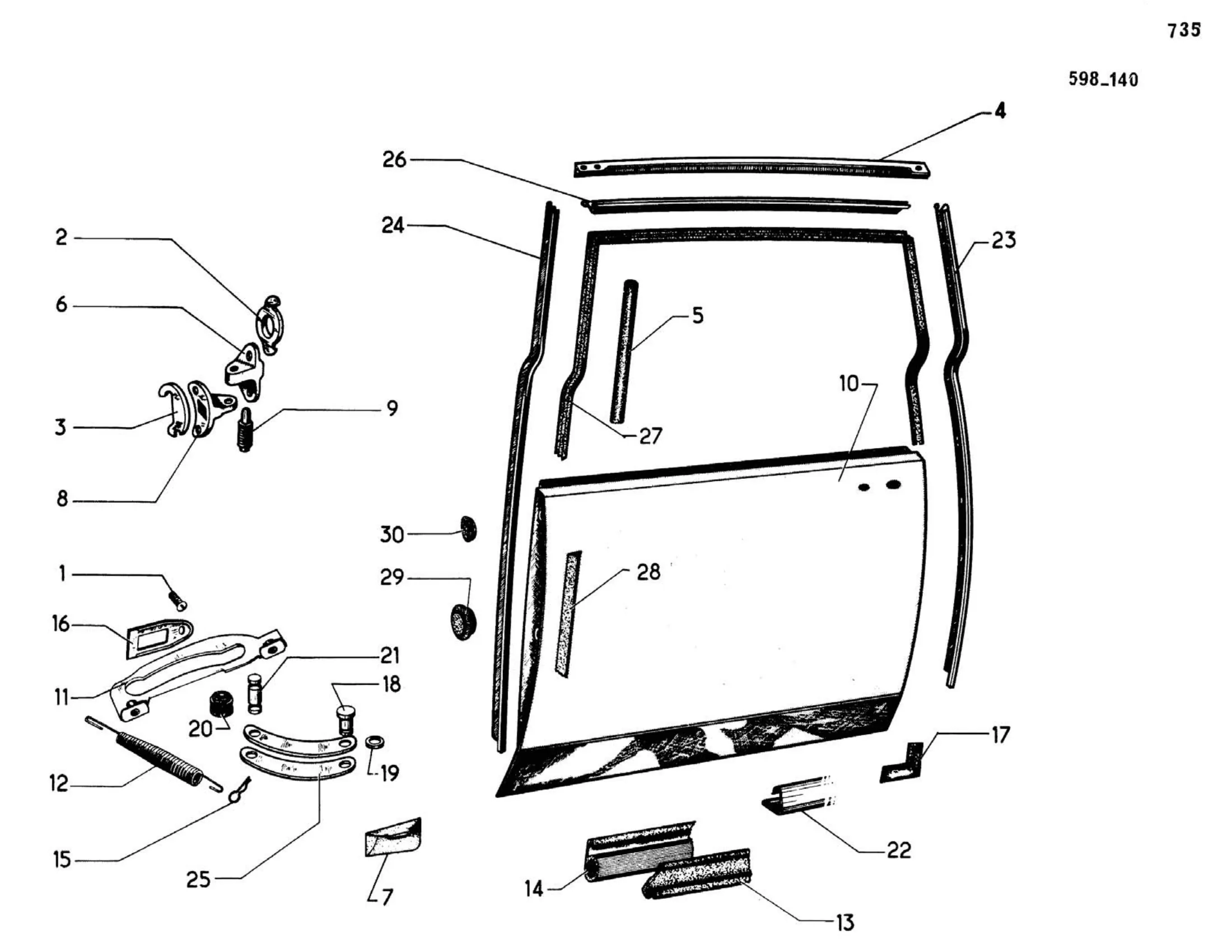 Rear door, Berline, page 299 of 503 — 598 Parts Catalogue — Volume II