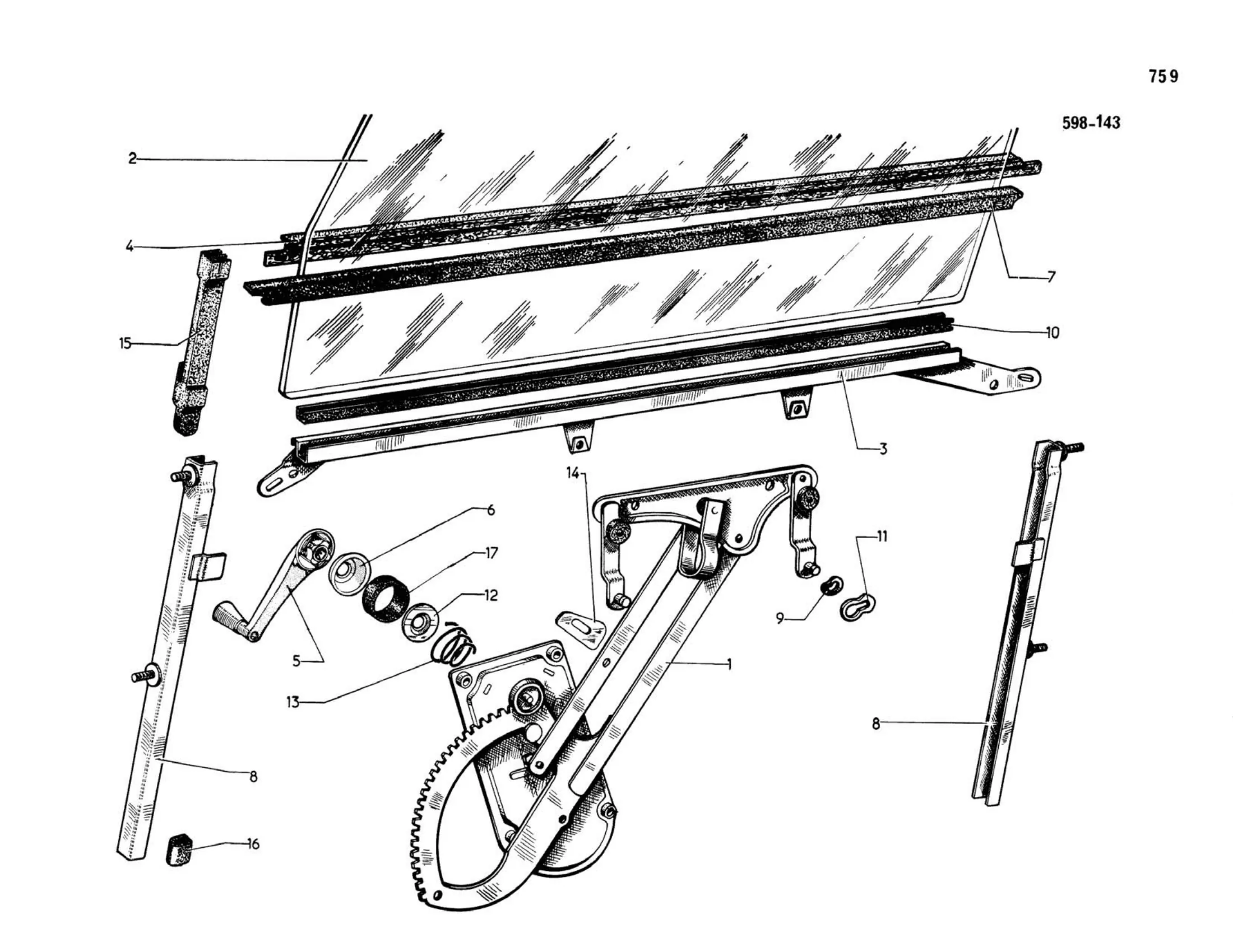 Window winder, glass, page 316 of 503 — 598 Parts Catalogue — Volume II