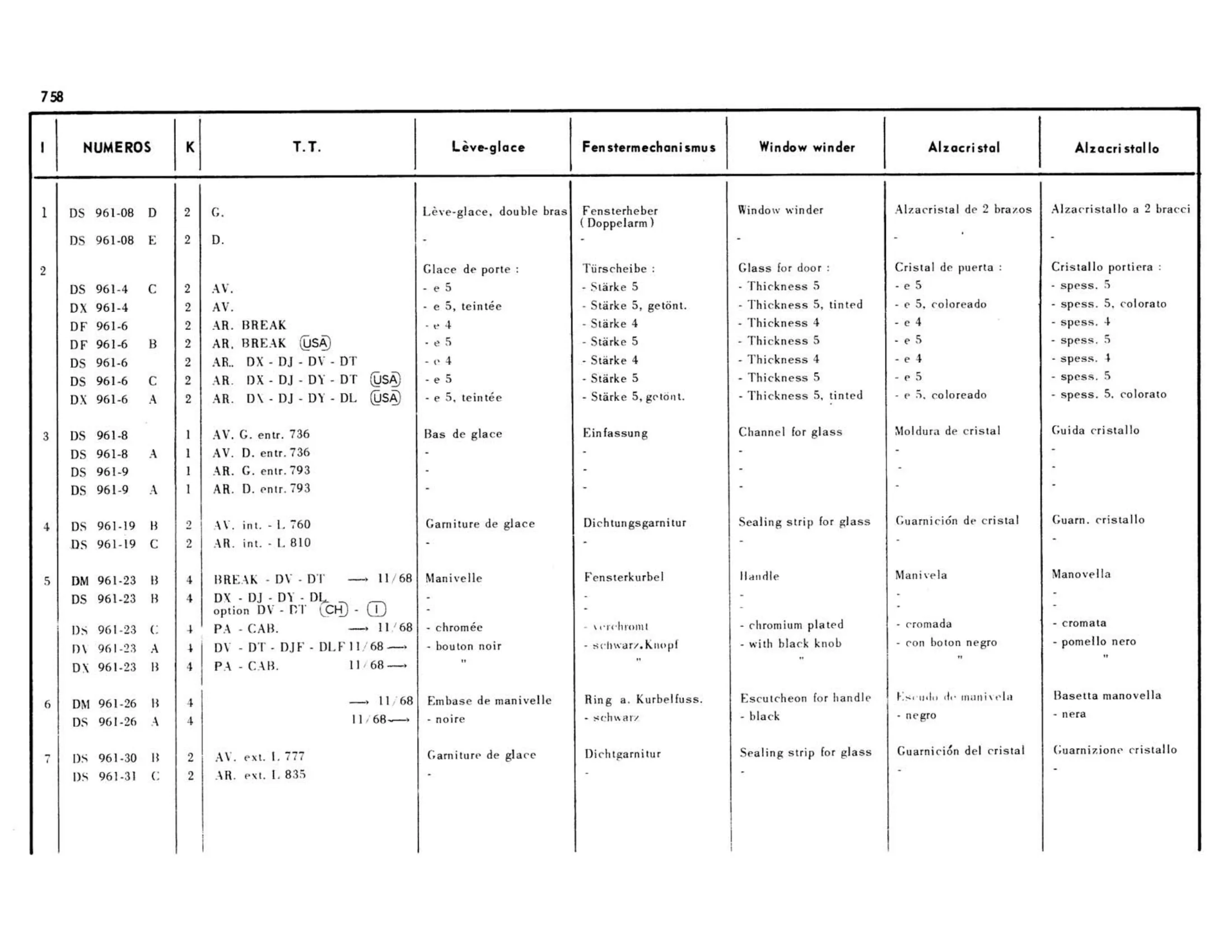 Window winder, glass, page 317 of 503 — 598 Parts Catalogue — Volume II