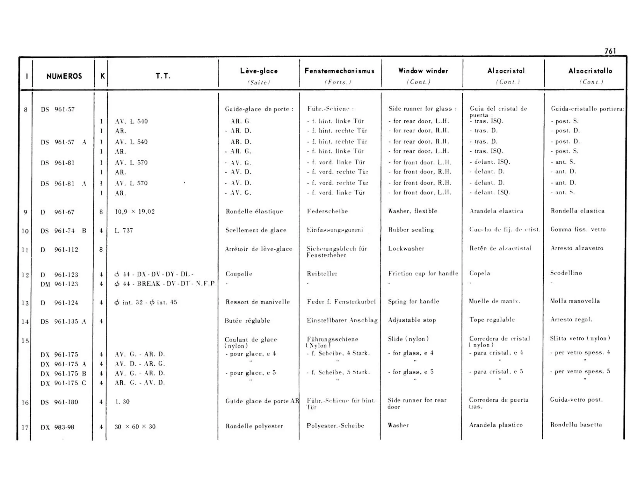 Window winder, glass, page 318 of 503 — 598 Parts Catalogue — Volume II