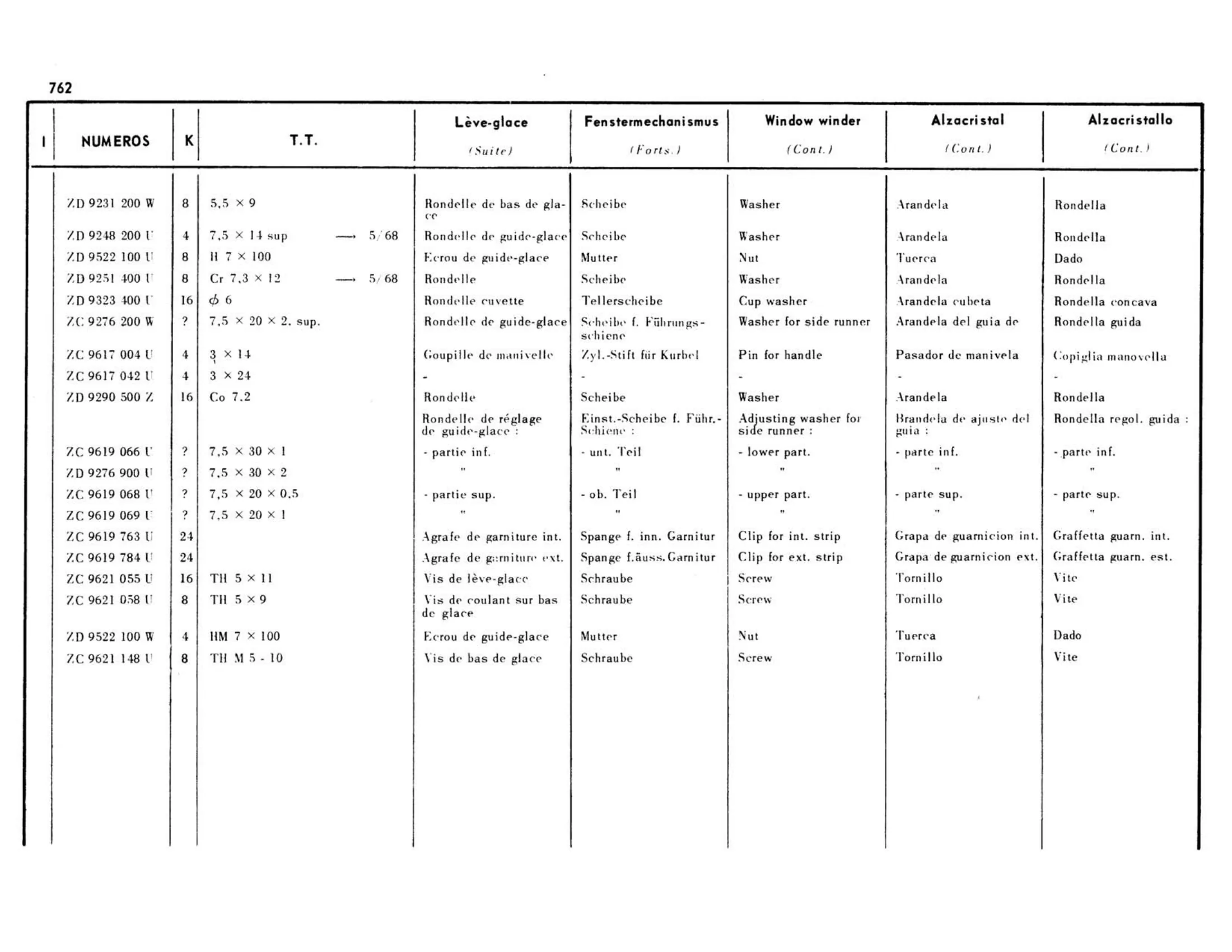 Window winder, glass, page 319 of 503 — 598 Parts Catalogue — Volume II