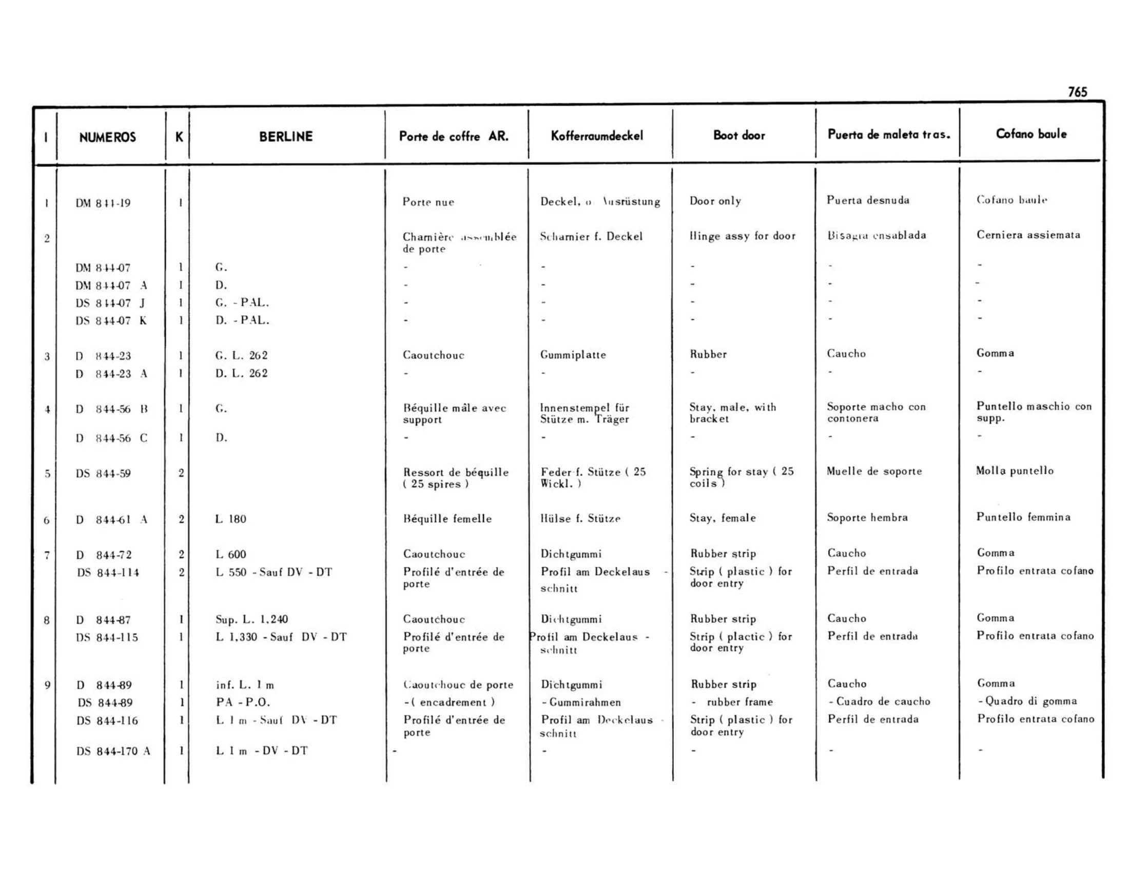Rear door / Boot lid, Berline, page 321 of 503 — 598 Parts Catalogue — Volume II