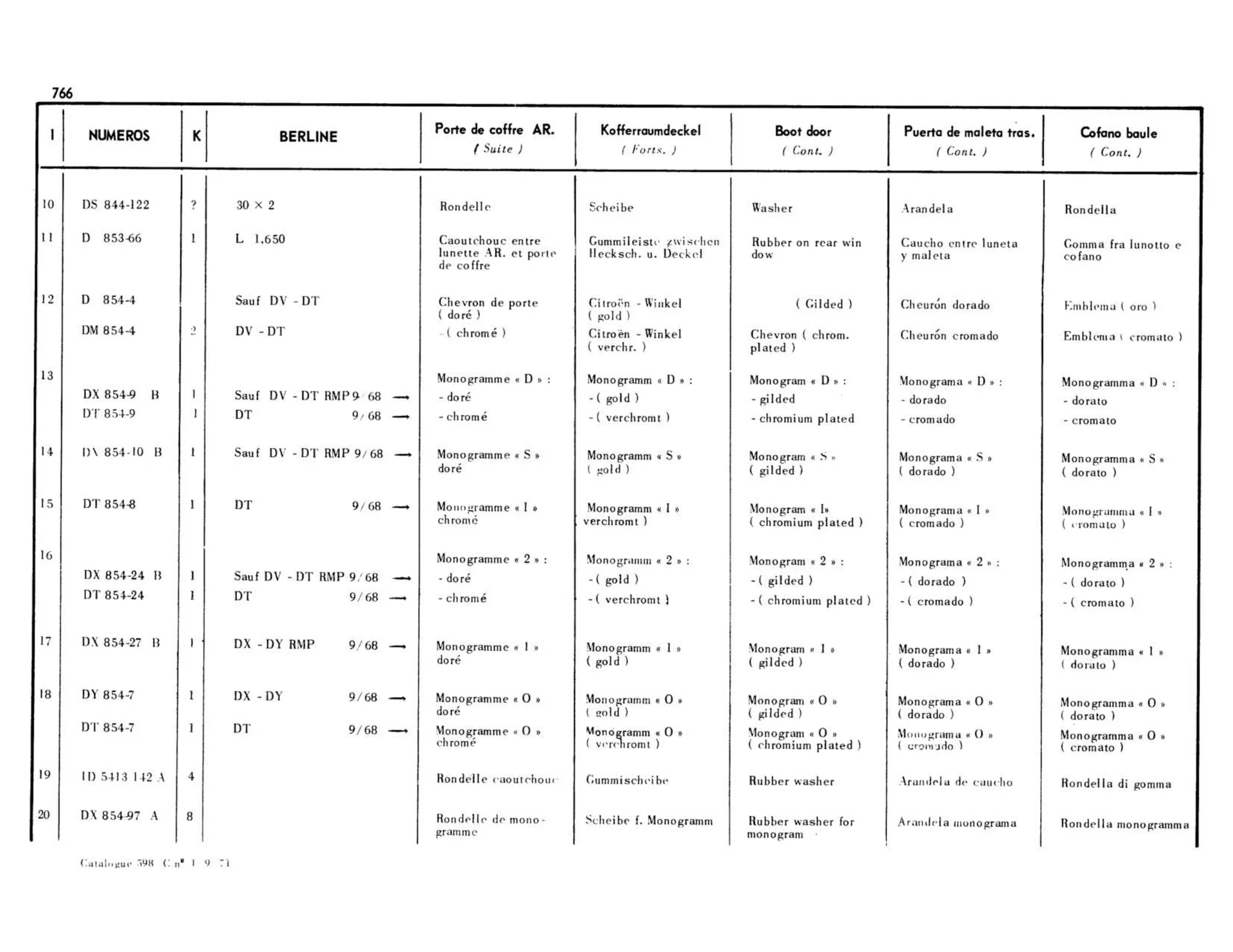 Rear door / Boot lid, Berline, page 322 of 503 — 598 Parts Catalogue — Volume II