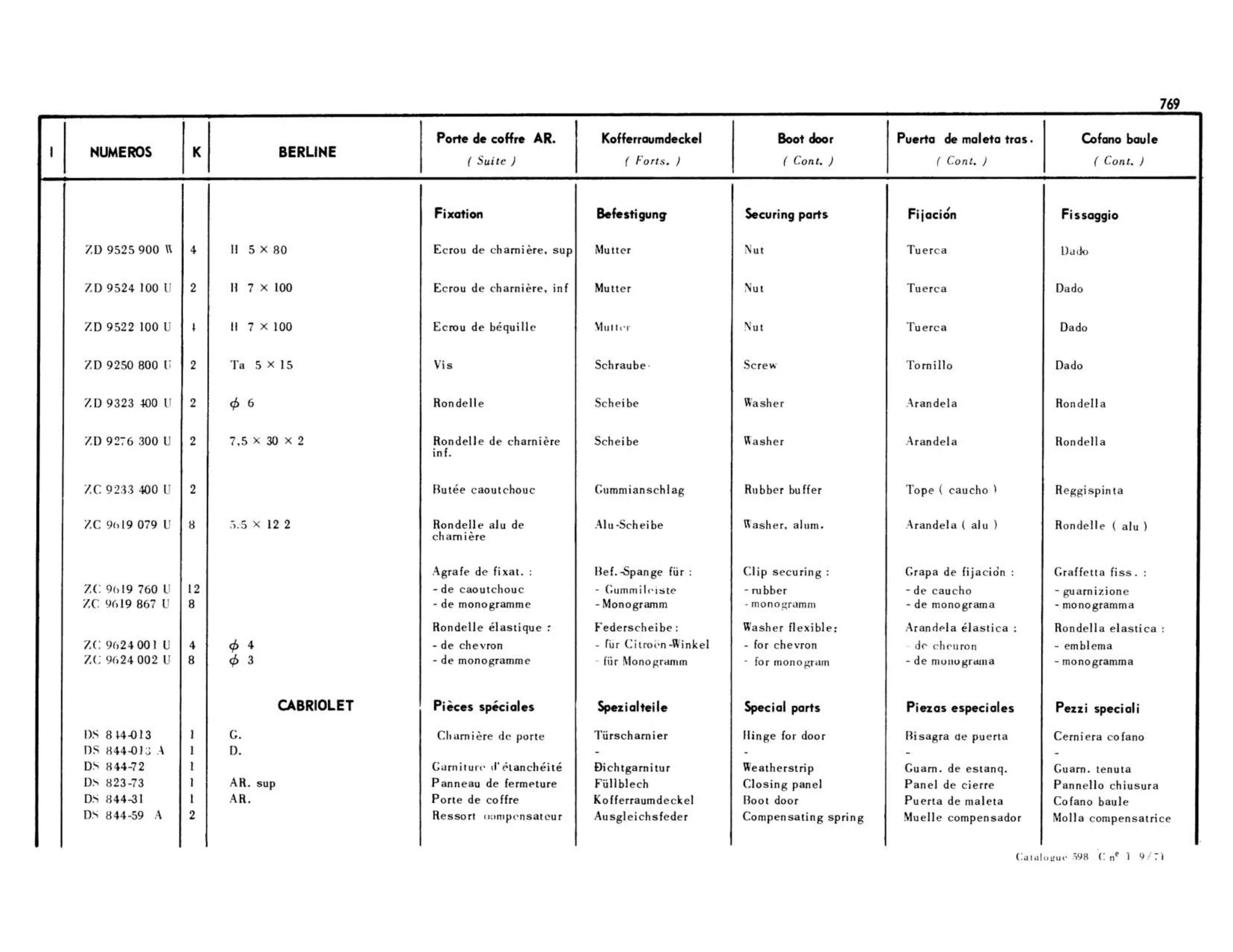 Rear door / Boot lid, Berline, page 323 of 503 — 598 Parts Catalogue — Volume II