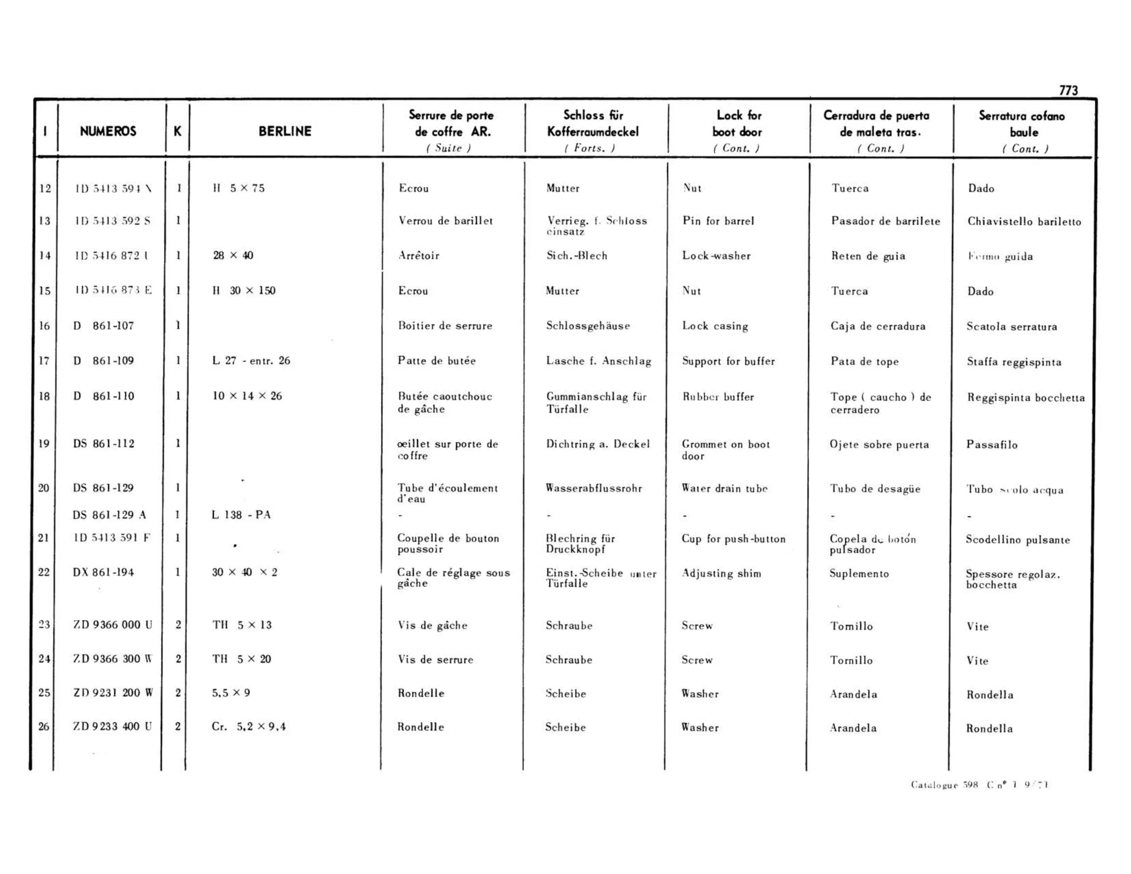Boot lid lock, page 326 of 503 — 598 Parts Catalogue — Volume II