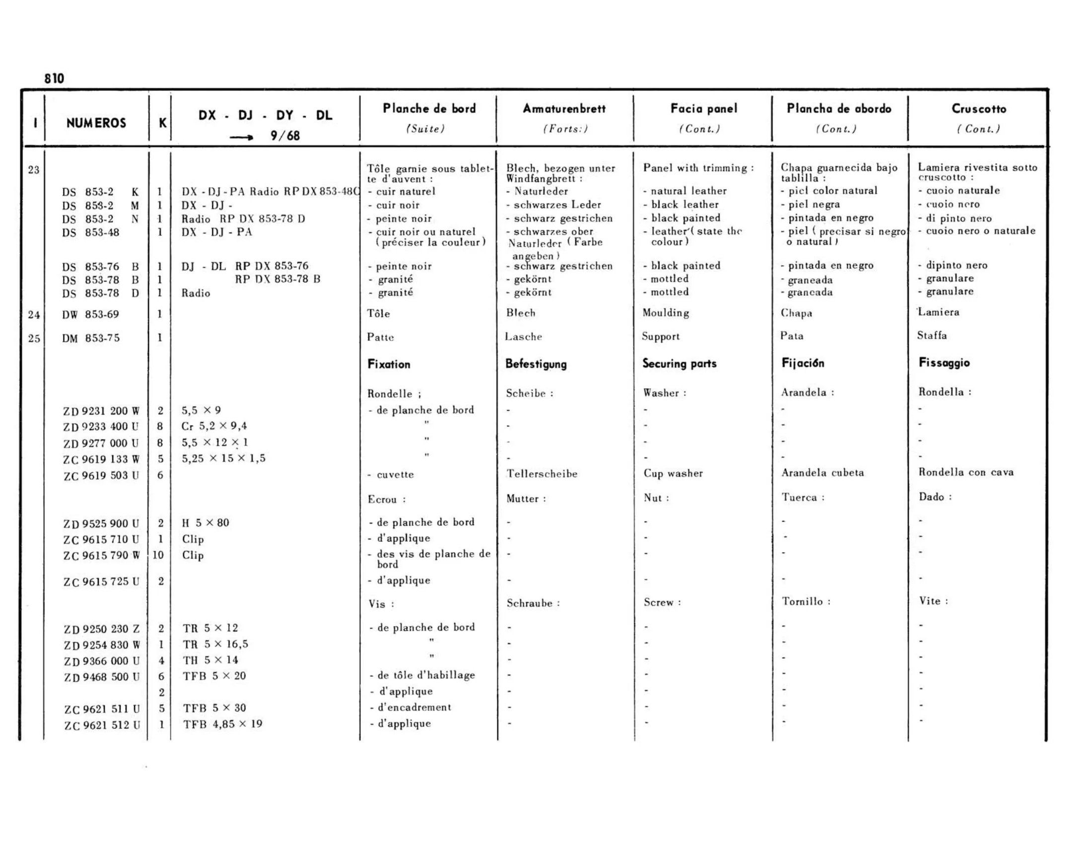 Fascia panel / DX-DJ-DY-DL >9/68, page 352 of 503 — 598 Parts Catalogue — Volume II