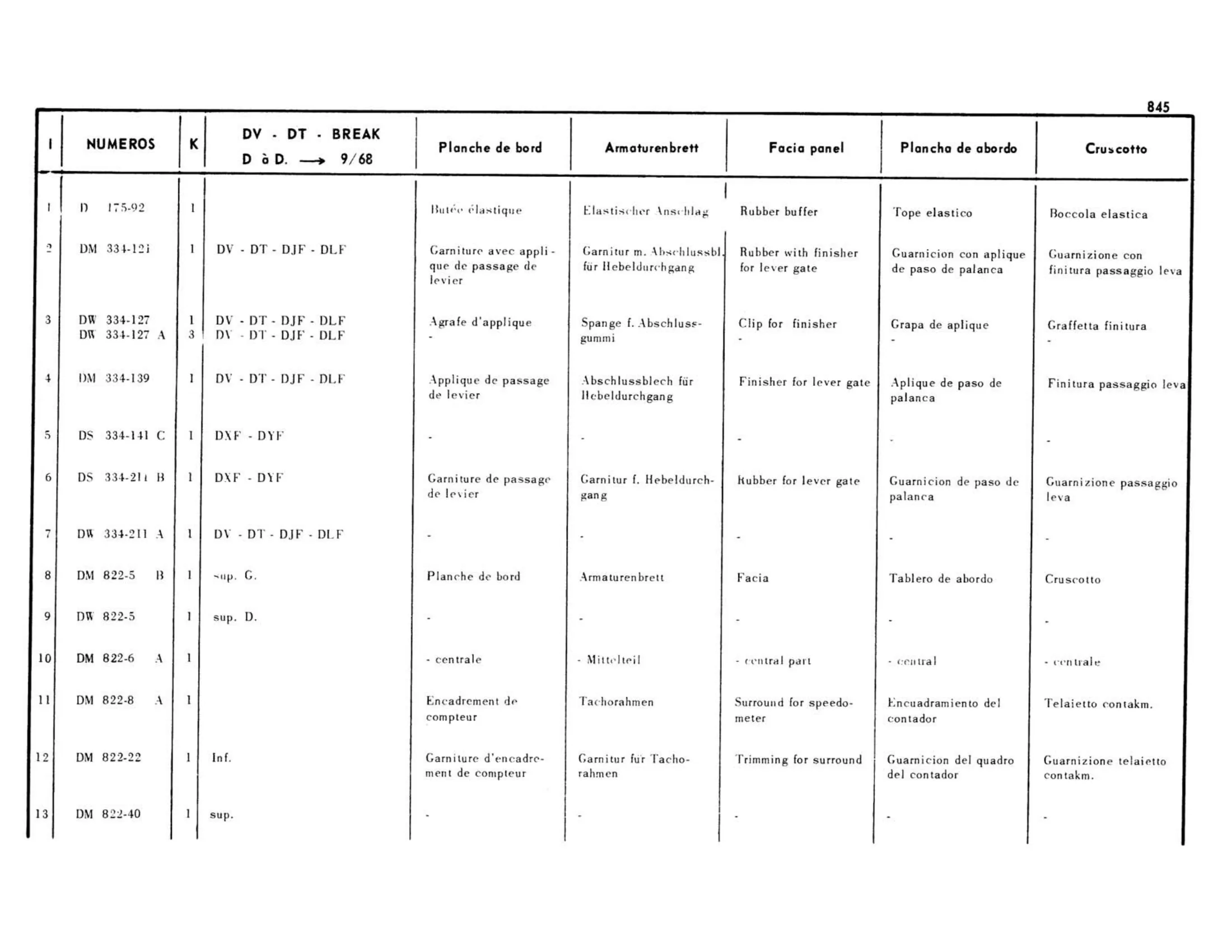 DV-DT-Break >9/68 Right hand drive, page 375 of 503 — 598 Parts Catalogue — Volume II