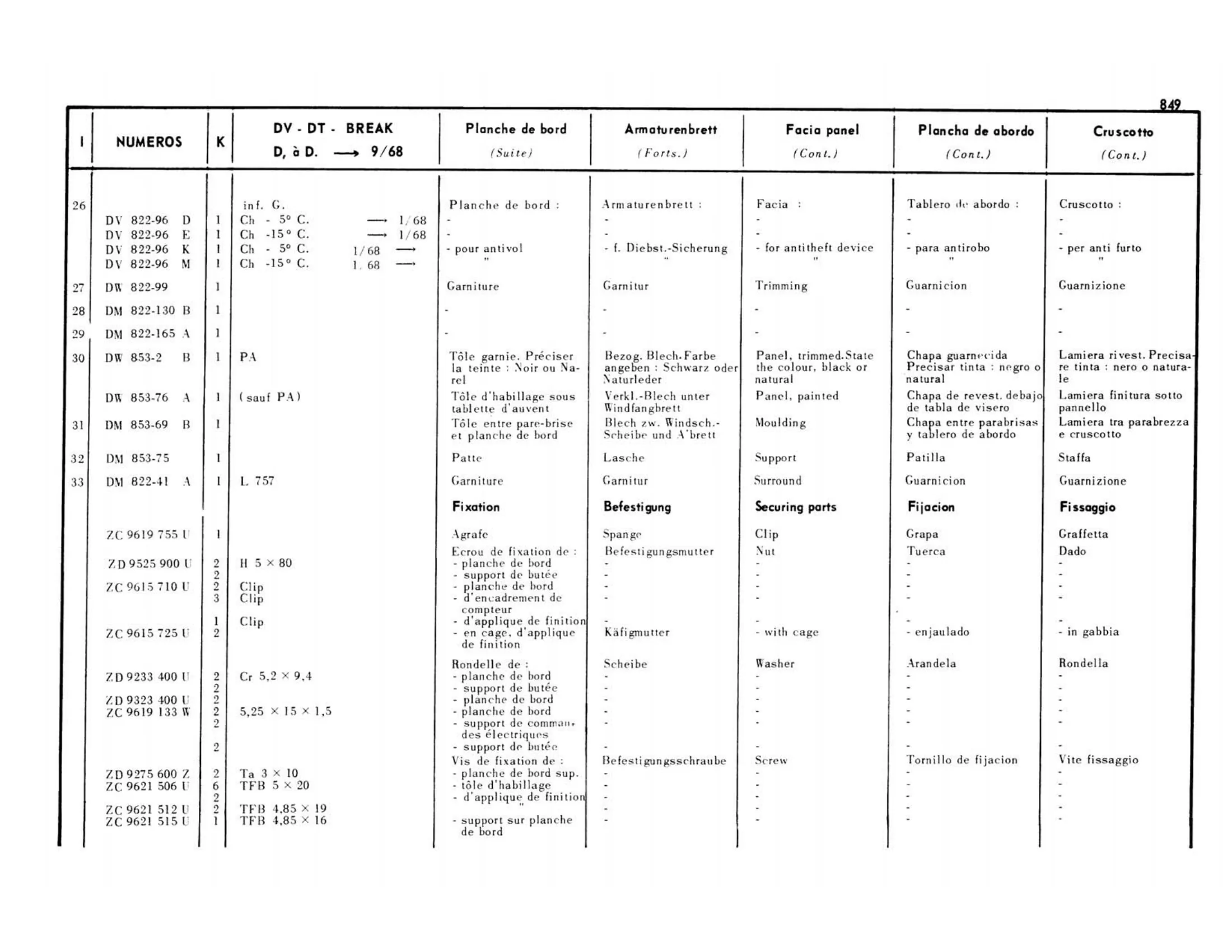 DV-DT-Break >9/68 Right hand drive, page 377 of 503 — 598 Parts Catalogue — Volume II