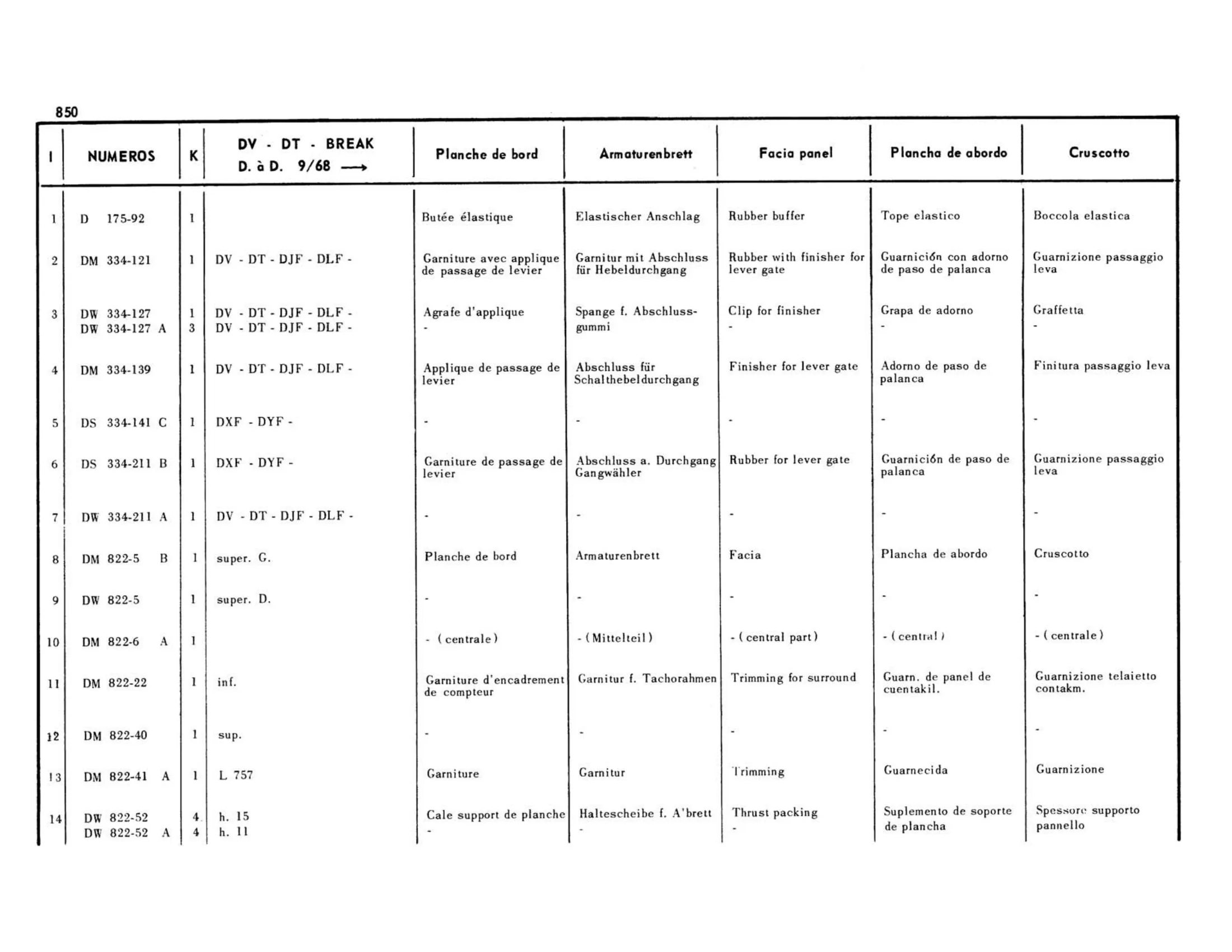 DV-DT-Break 9/68> Right hand drive, page 379 of 503 — 598 Parts Catalogue — Volume II