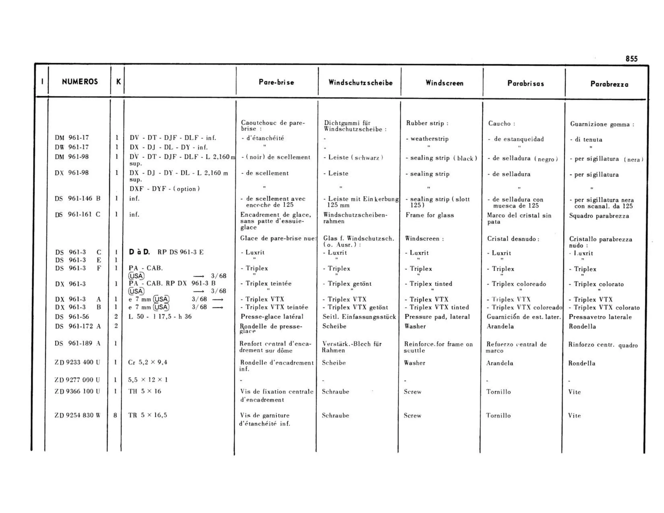 Windscreen / Right hand drive, page 382 of 503 — 598 Parts Catalogue — Volume II