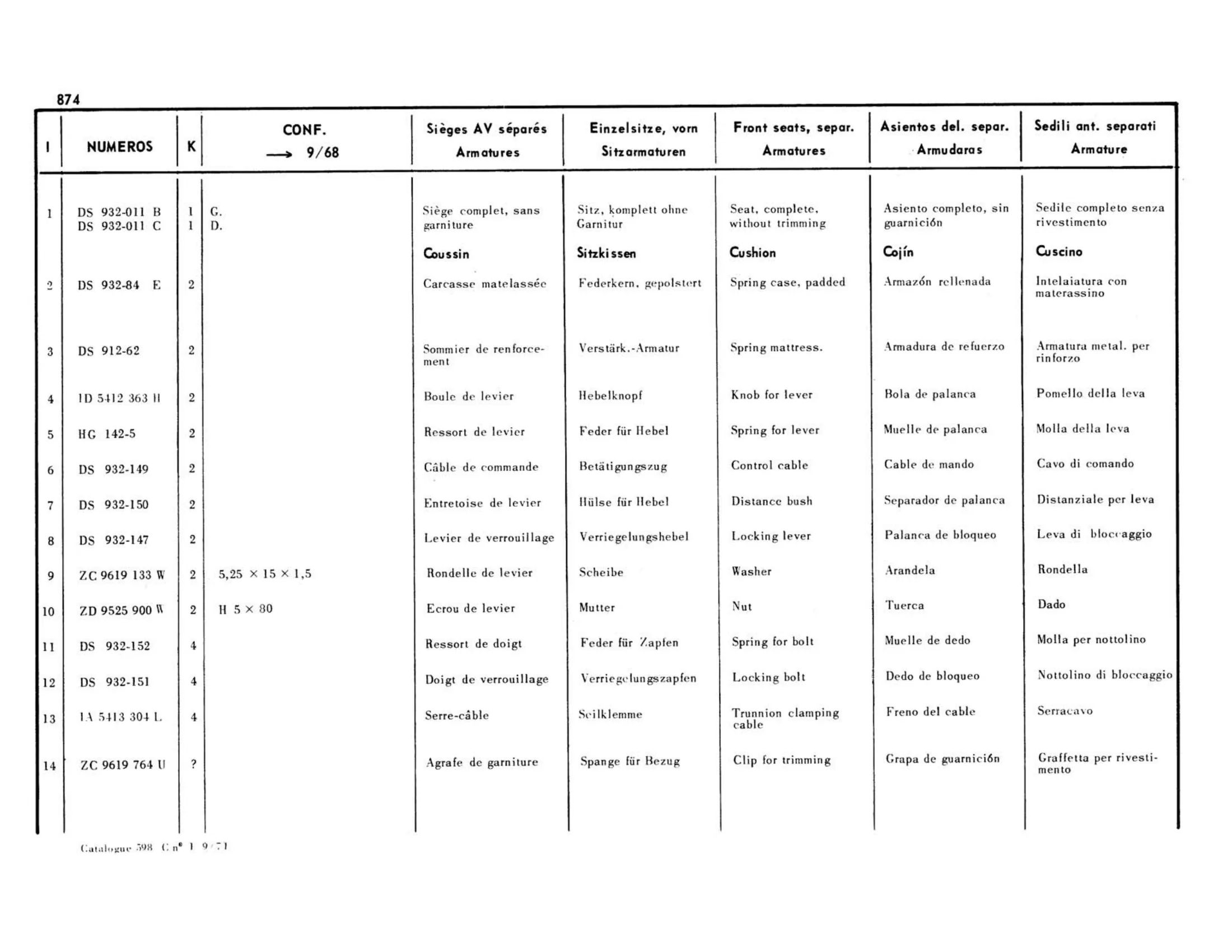 Front seats, separated / Confort >9/68, page 399 of 503 — 598 Parts Catalogue — Volume II
