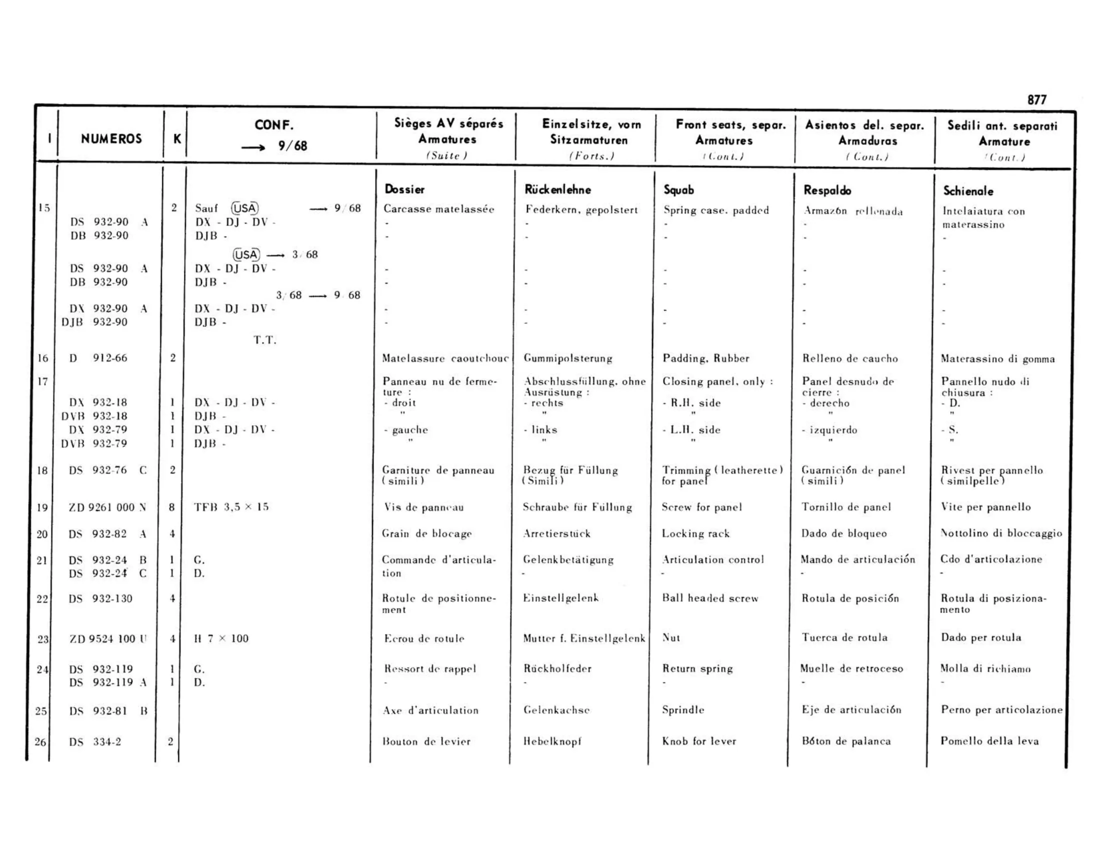 Front seats, separated / Confort >9/68, page 400 of 503 — 598 Parts Catalogue — Volume II