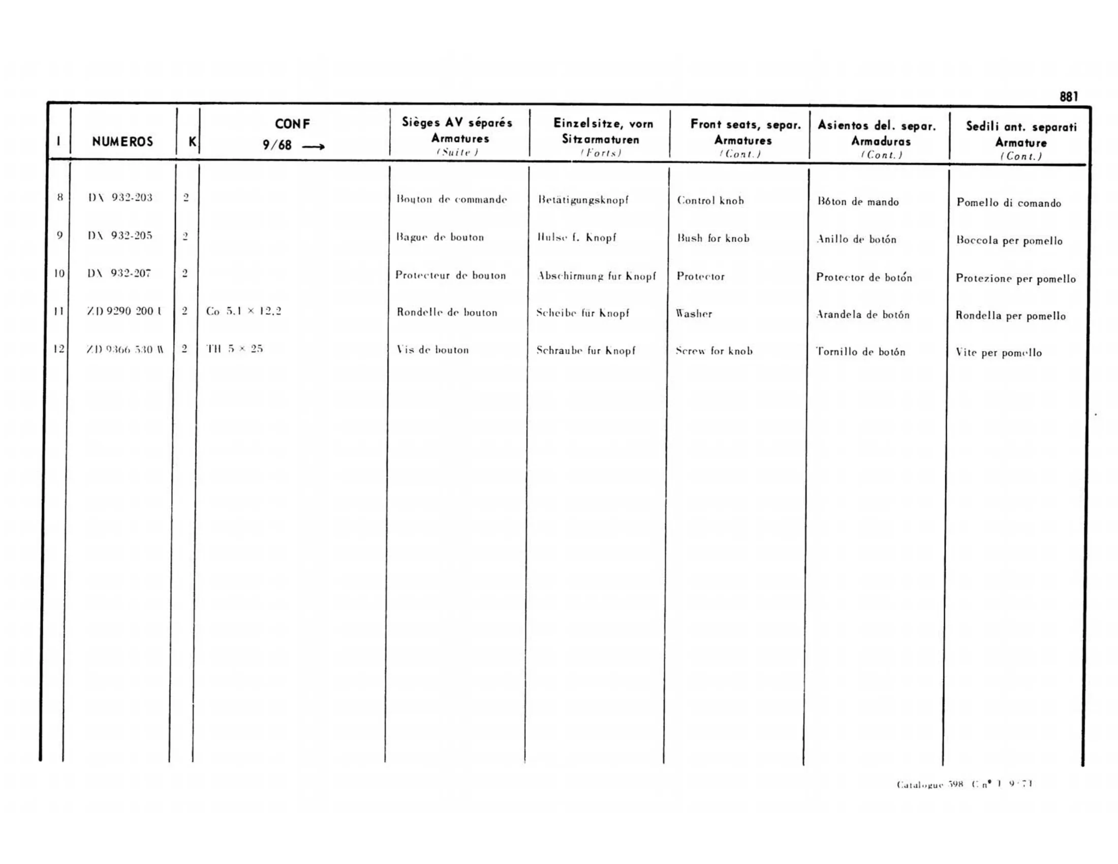 Confort 9/68>, page 403 of 503 — 598 Parts Catalogue — Volume II