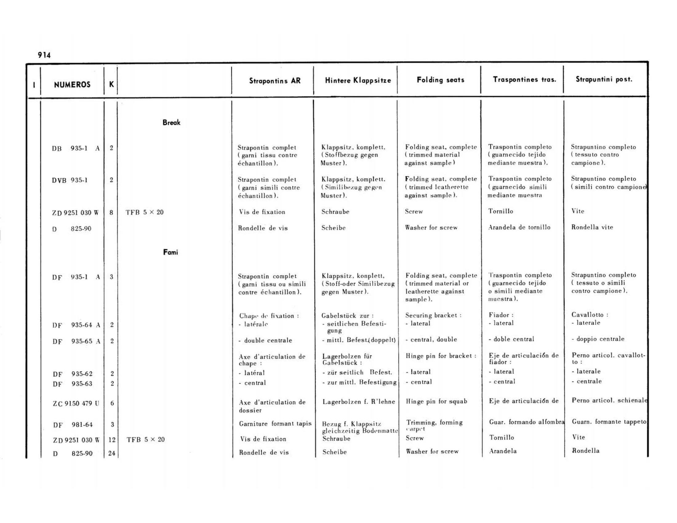 Break, Familiale, folding seats, page 428 of 503 — 598 Parts Catalogue — Volume II