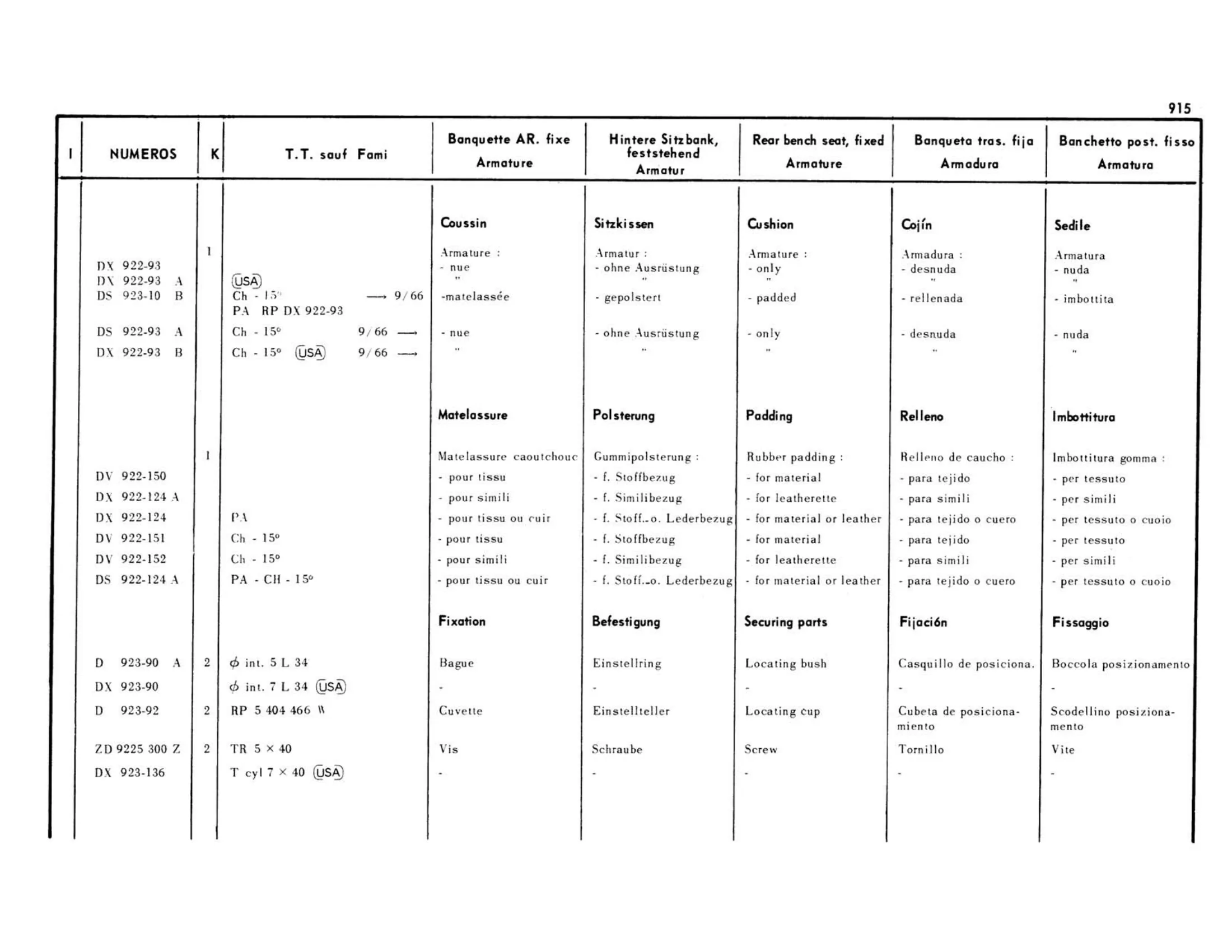 Bench, fixed except Familiale, page 429 of 503 — 598 Parts Catalogue — Volume II