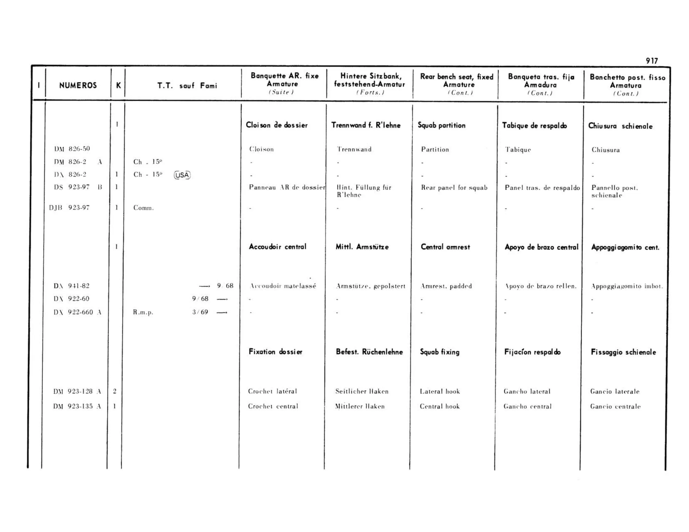 Bench, fixed except Familiale, page 431 of 503 — 598 Parts Catalogue — Volume II