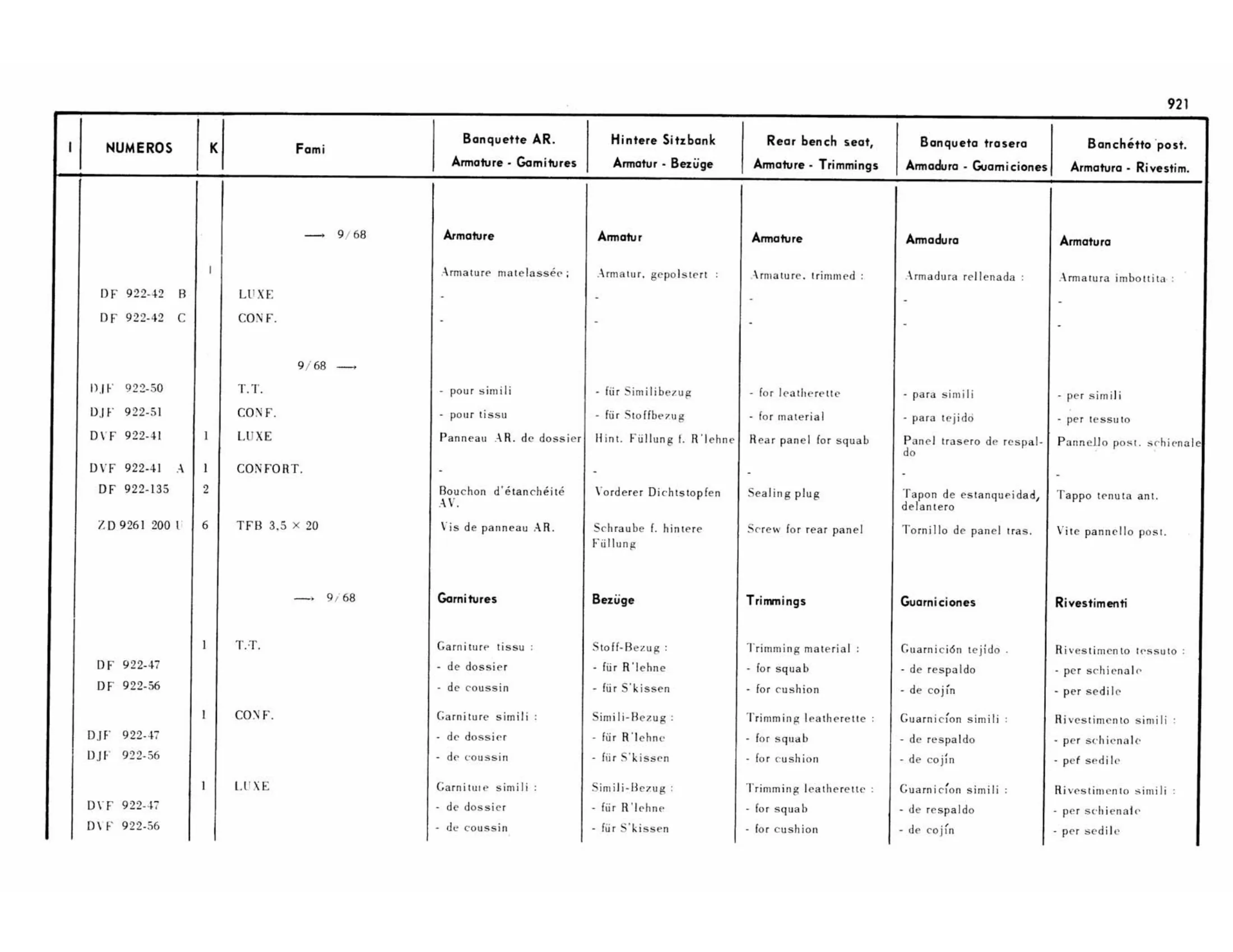 Bench, fixed Familiale , page 435 of 503 — 598 Parts Catalogue — Volume II