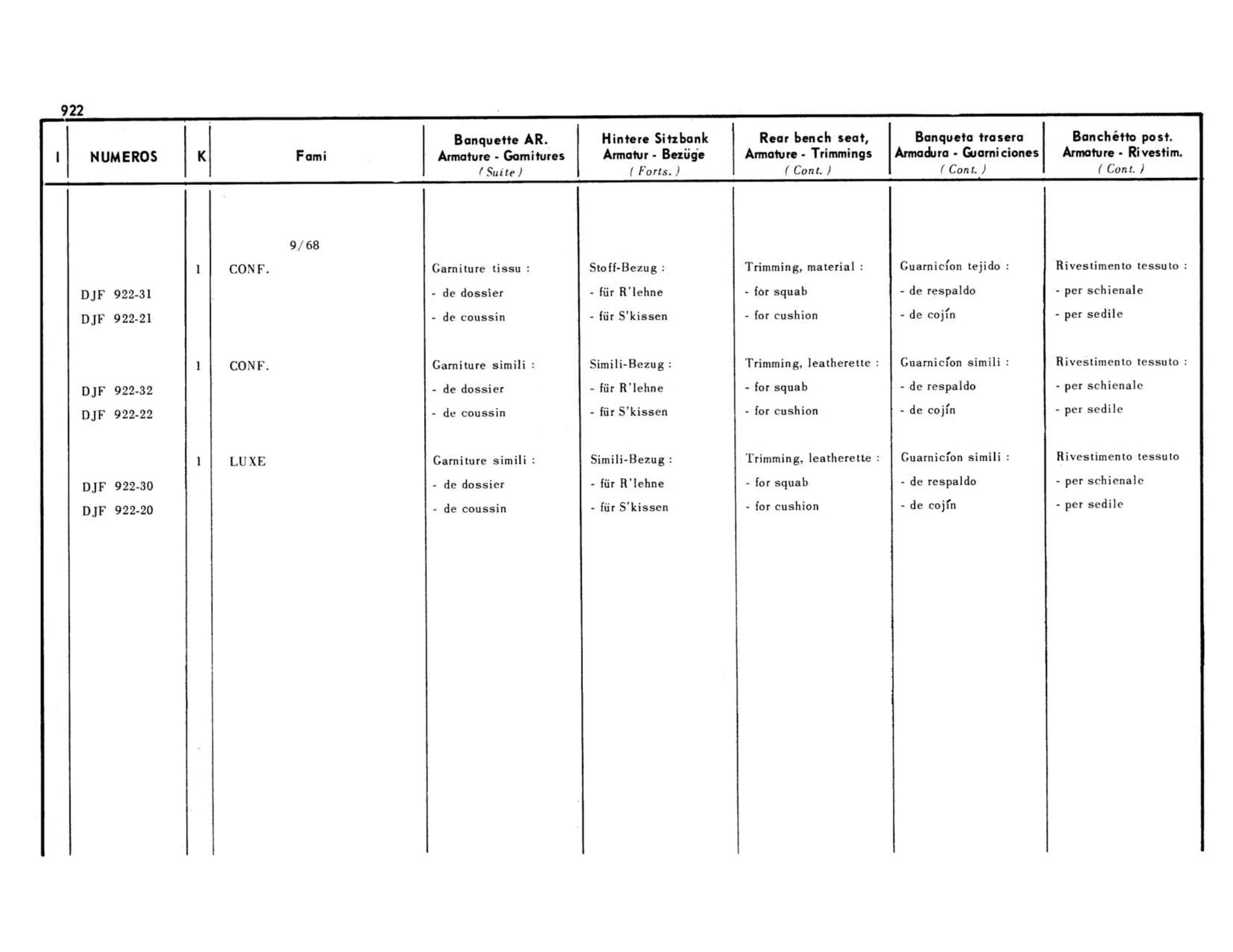 Bench, fixed Familiale , page 436 of 503 — 598 Parts Catalogue — Volume II