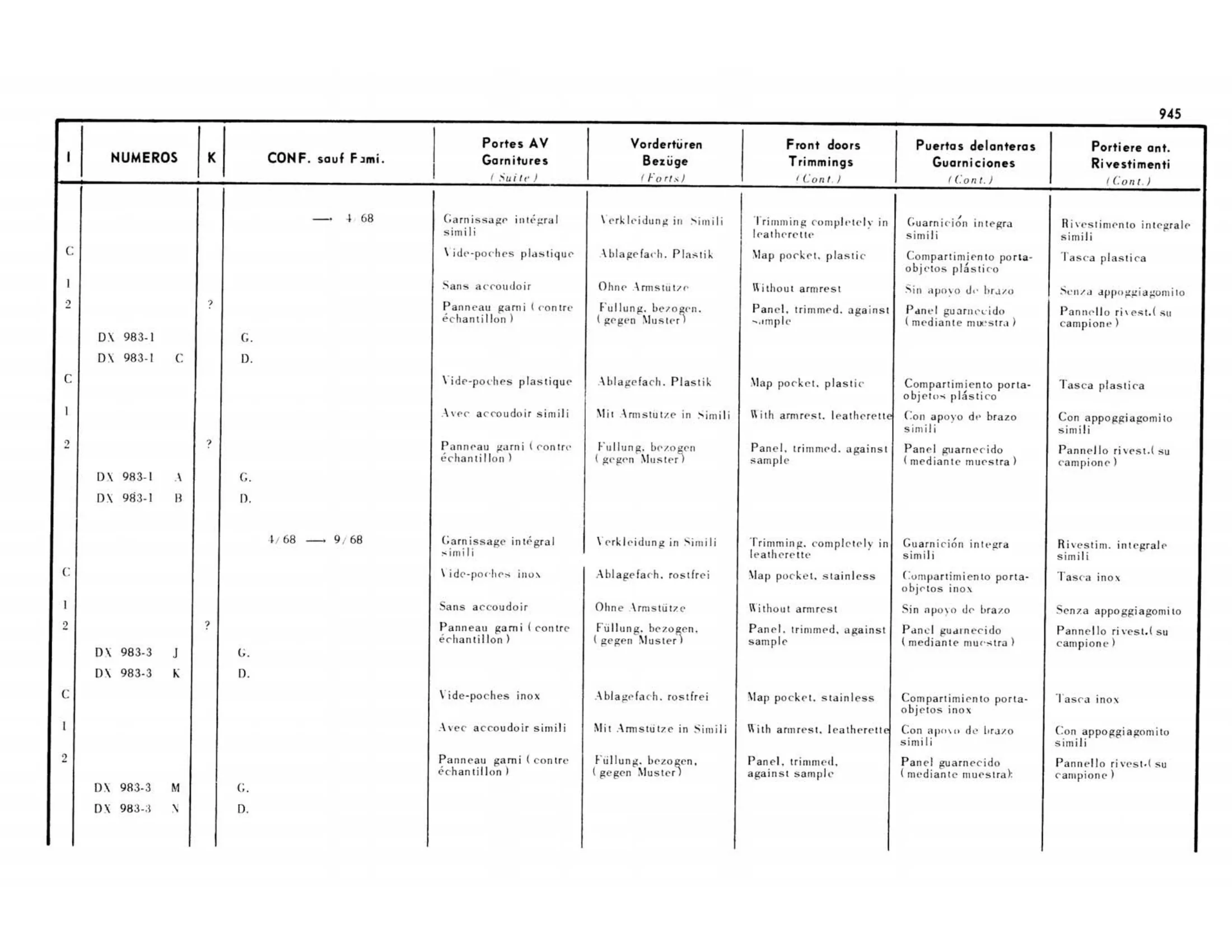 Confort except Familiale, page 451 of 503 — 598 Parts Catalogue — Volume II