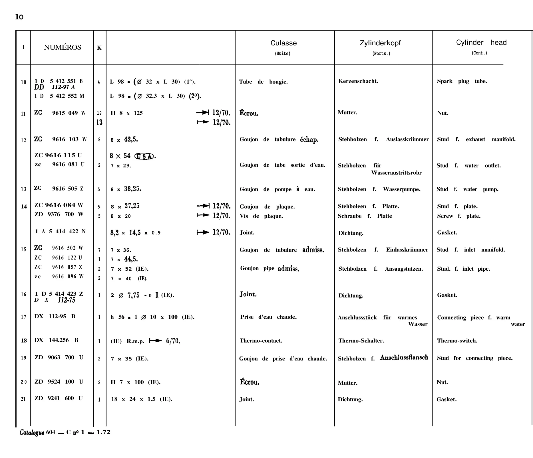 Cylinder Head, page 30 of 698 — 604 Parts Catalogue — Volume I
