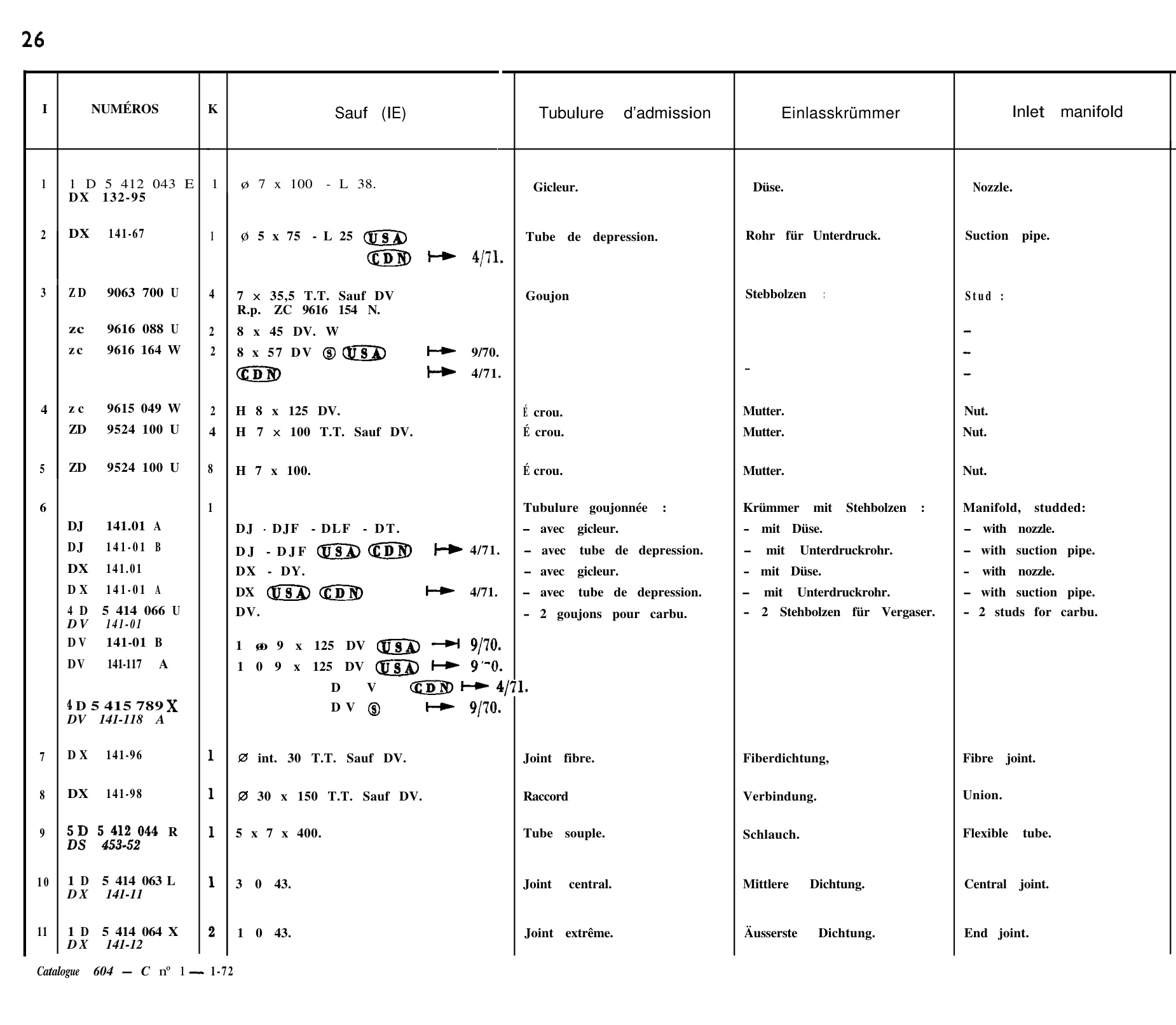 Inlet manifold, page 44 of 698 — 604 Parts Catalogue — Volume I