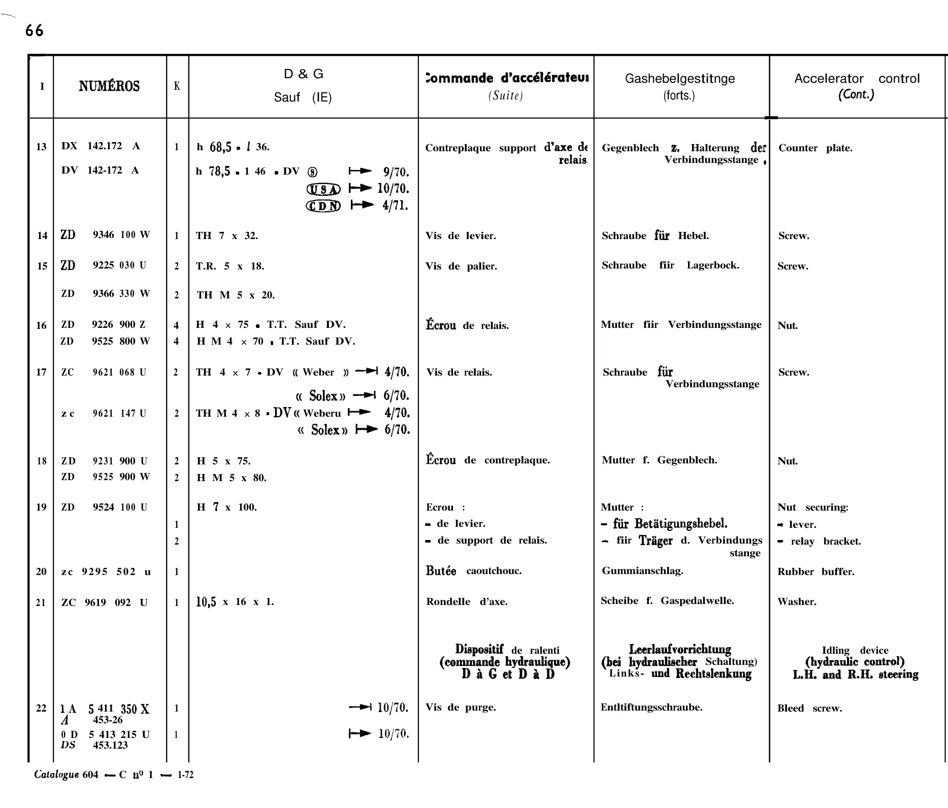 Accelerator control, page 74 of 698 — 604 Parts Catalogue — Volume I
