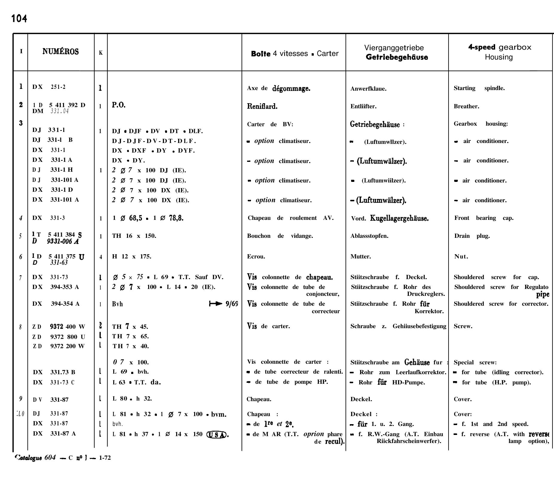 4-speed casing, page 103 of 698 — 604 Parts Catalogue — Volume I