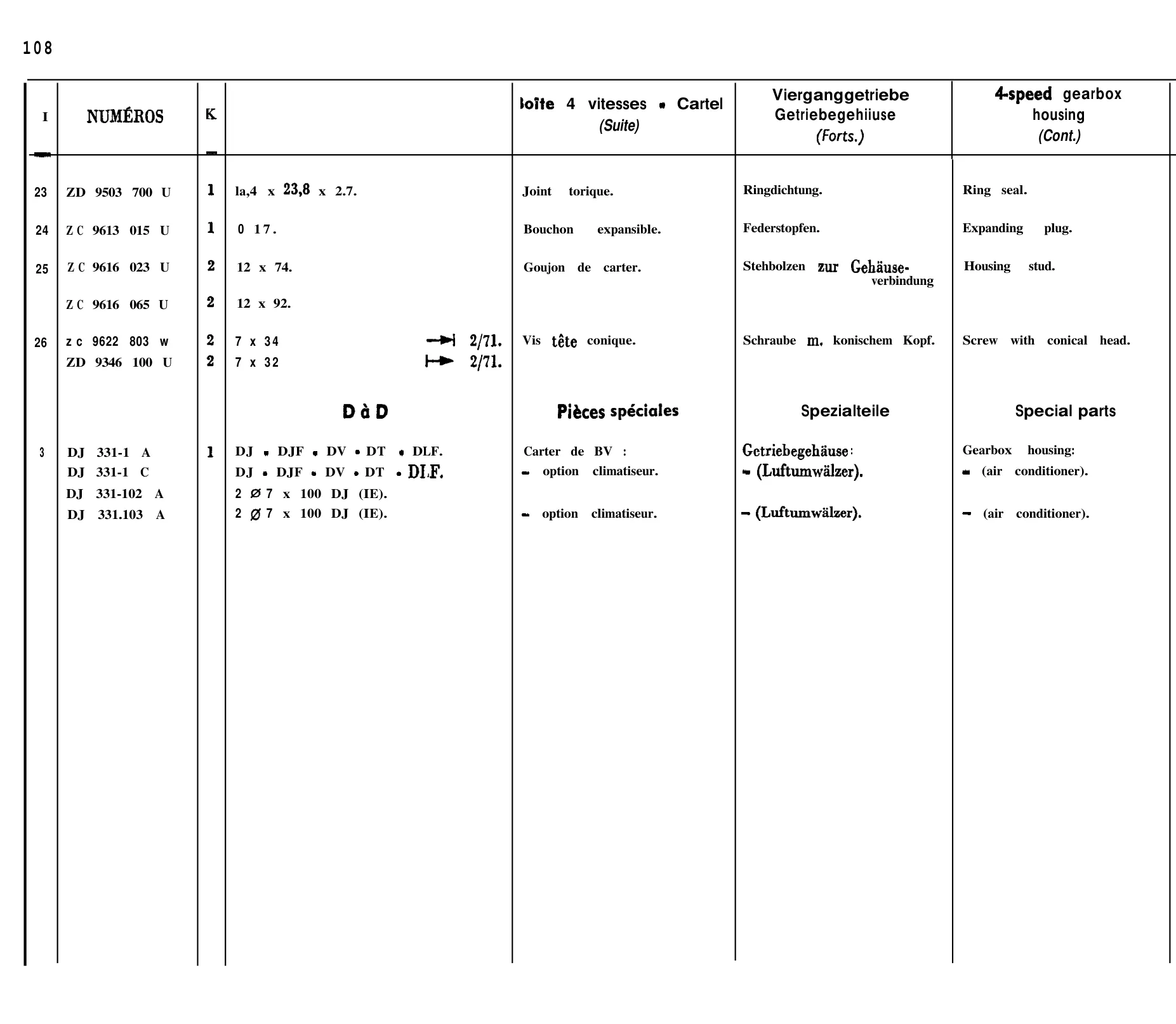 4-speed casing, page 105 of 698 — 604 Parts Catalogue — Volume I