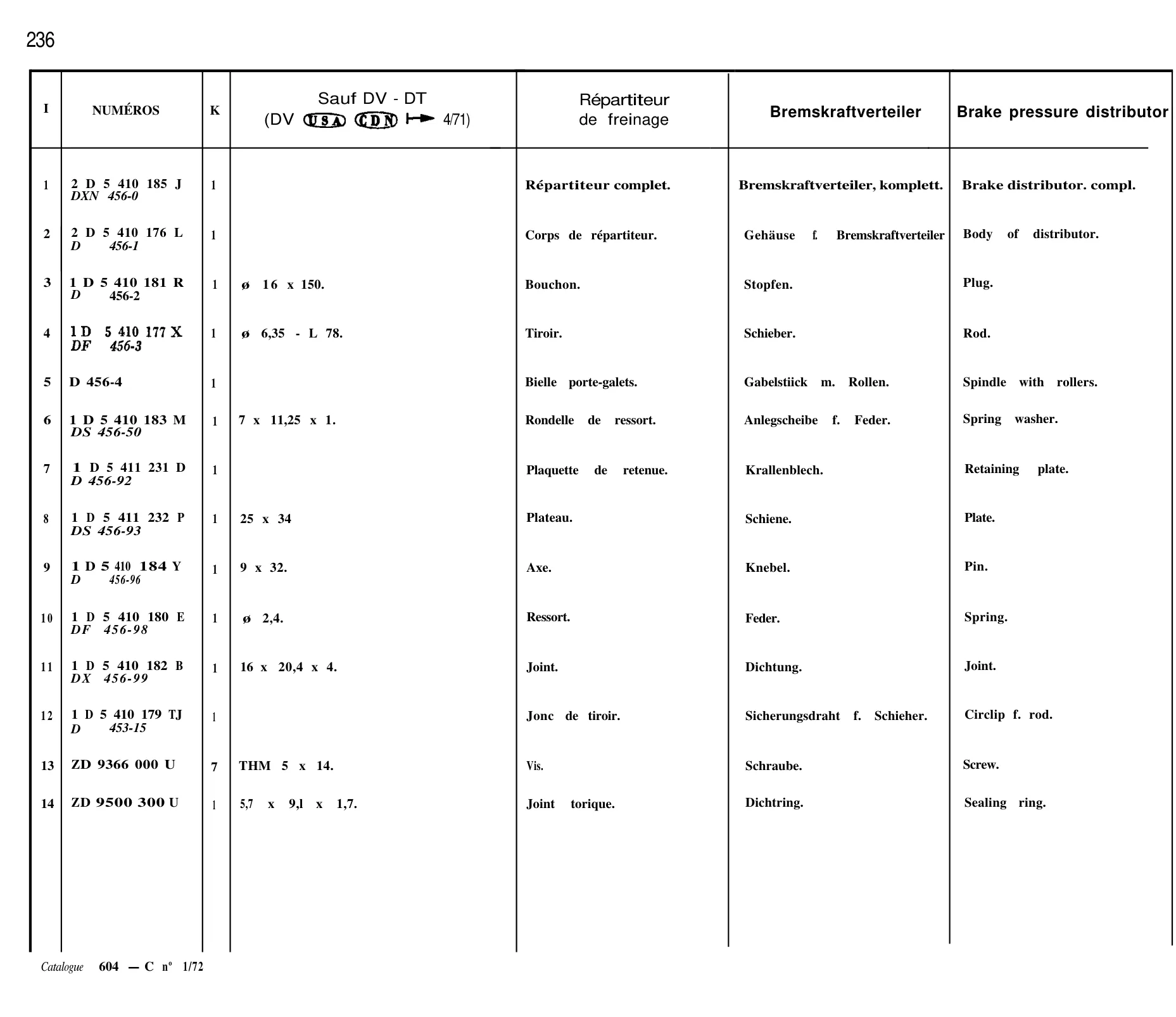 Brake pressure distributor, page 201 of 698 — 604 Parts Catalogue — Volume I