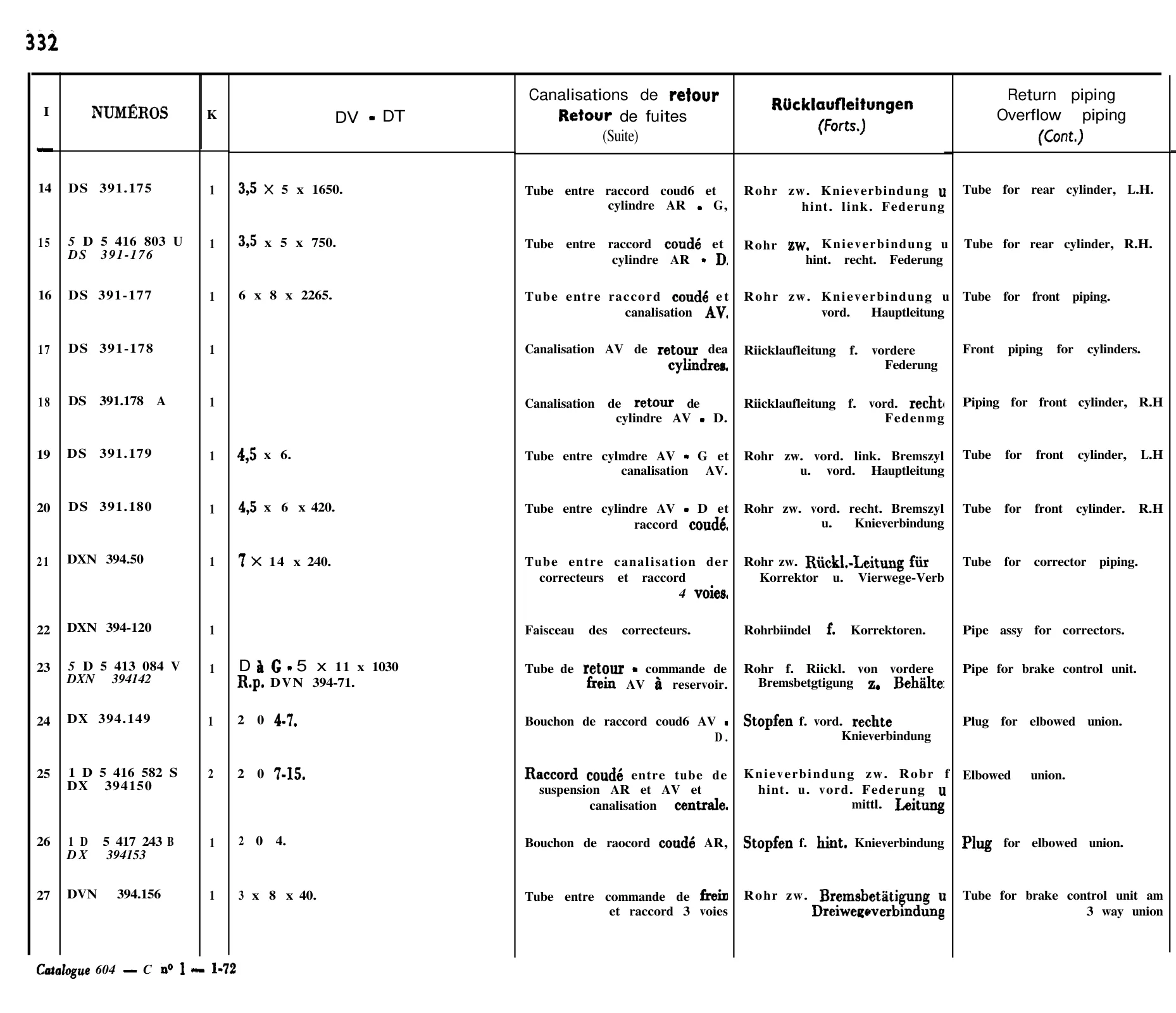 Return piping, page 280 of 698 — 604 Parts Catalogue — Volume I