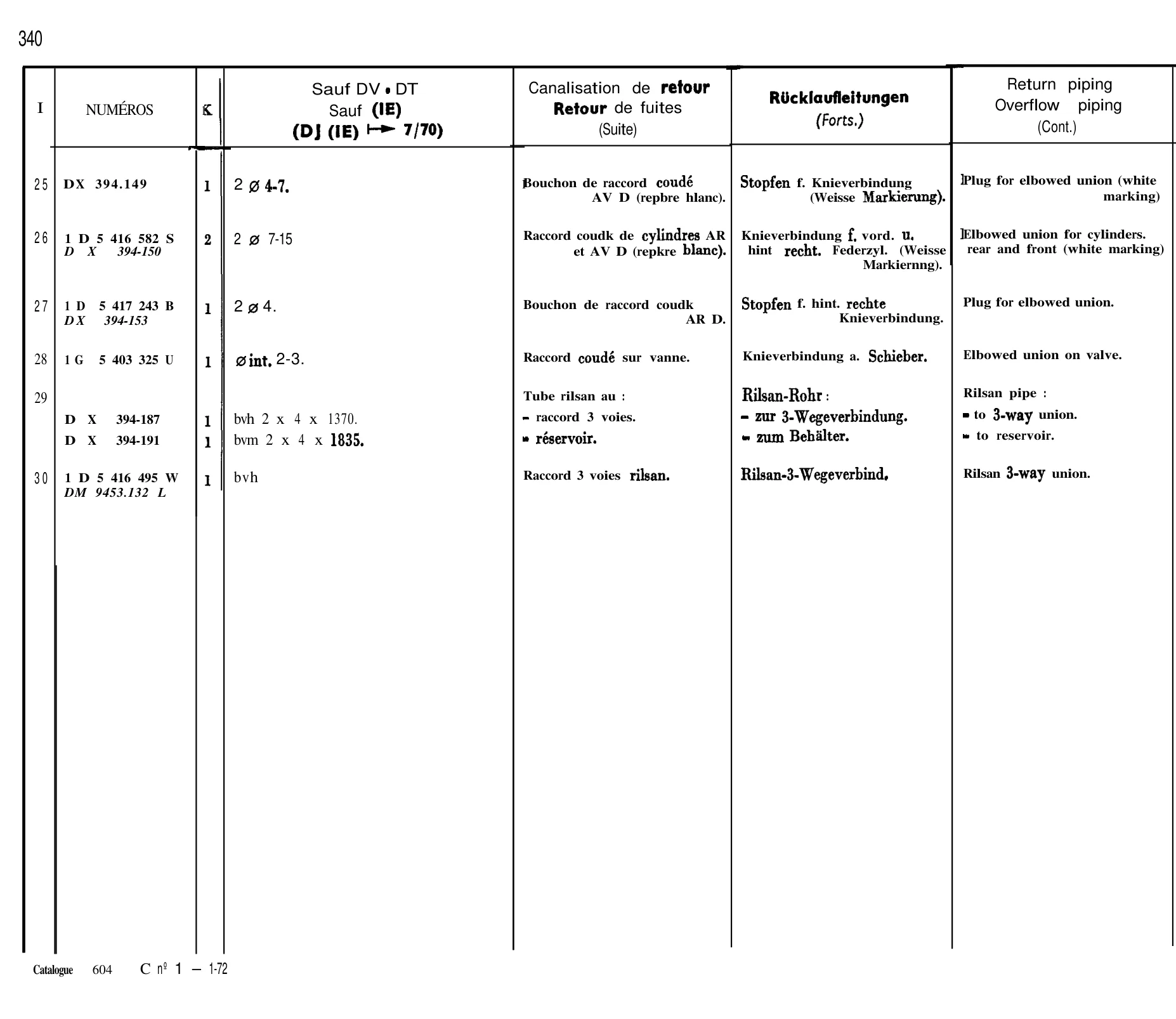 Return piping, page 285 of 698 — 604 Parts Catalogue — Volume I