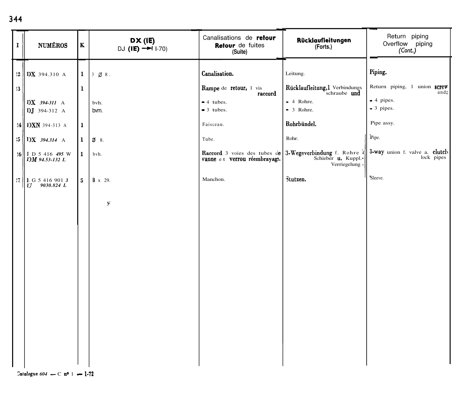 Return piping, page 288 of 698 — 604 Parts Catalogue — Volume I