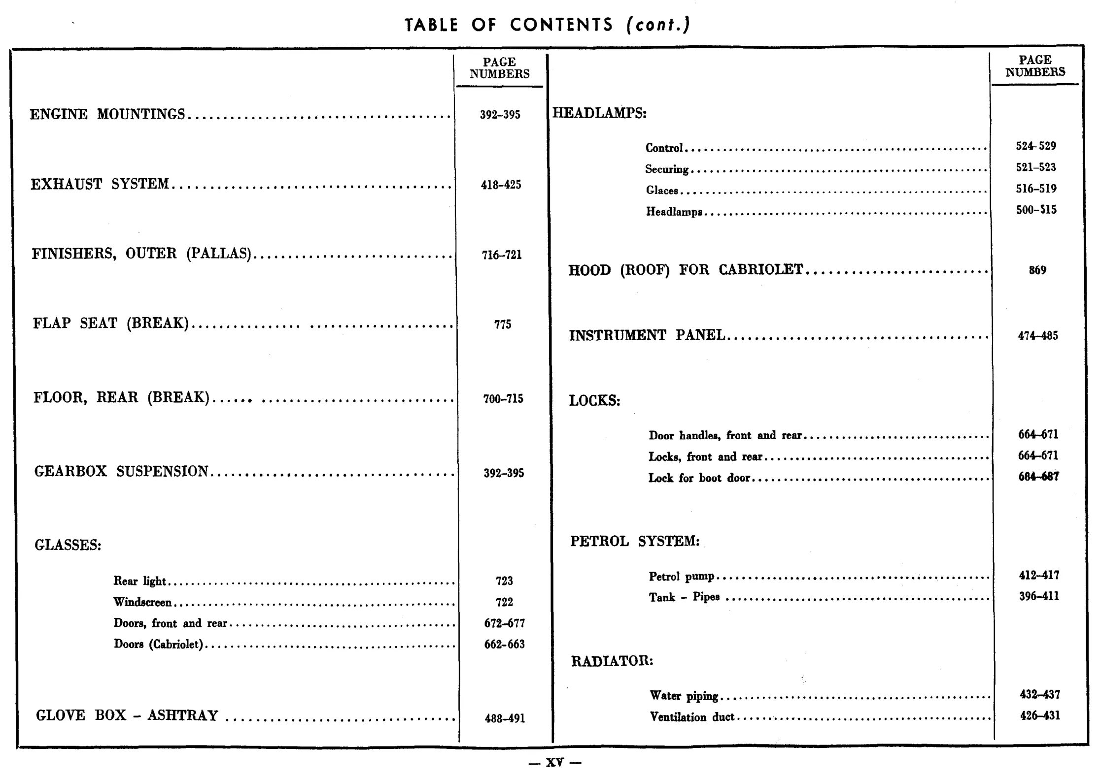 Contents, page 325 of 698 — 604 Parts Catalogue — Volume I