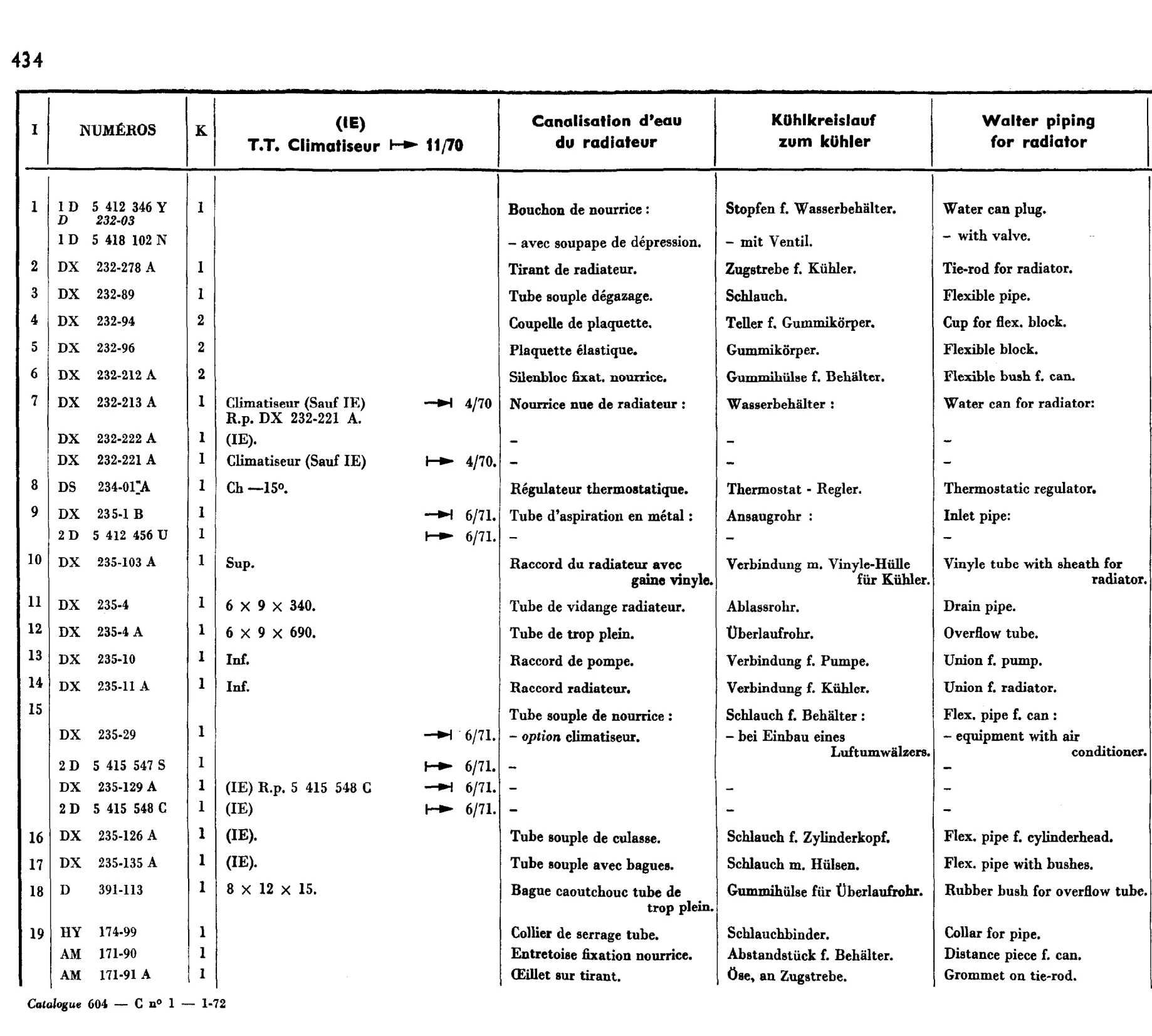 Radiator water piping, page 377 of 698 — 604 Parts Catalogue — Volume I
