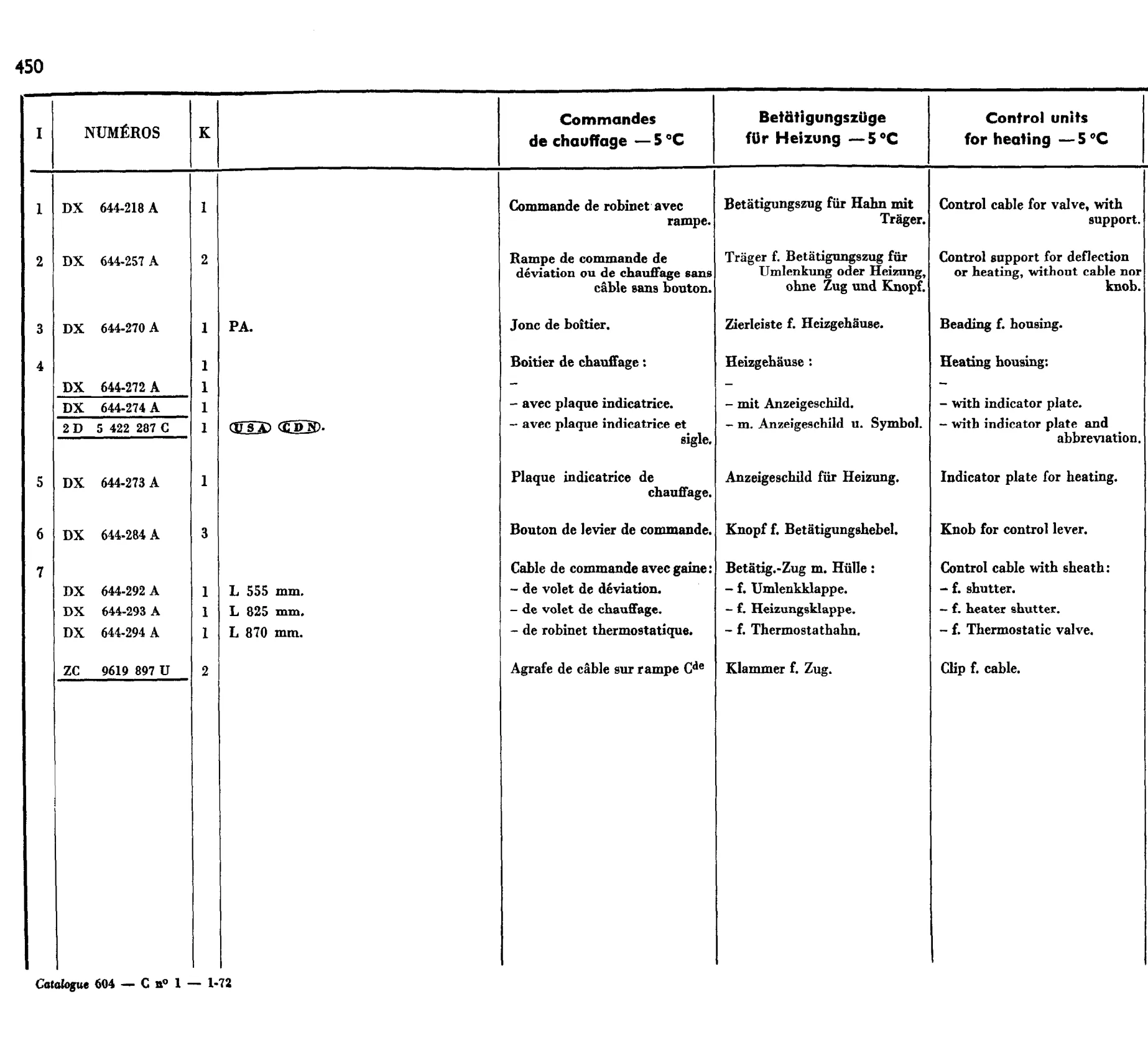 Heater -5 controls, page 390 of 698 — 604 Parts Catalogue — Volume I