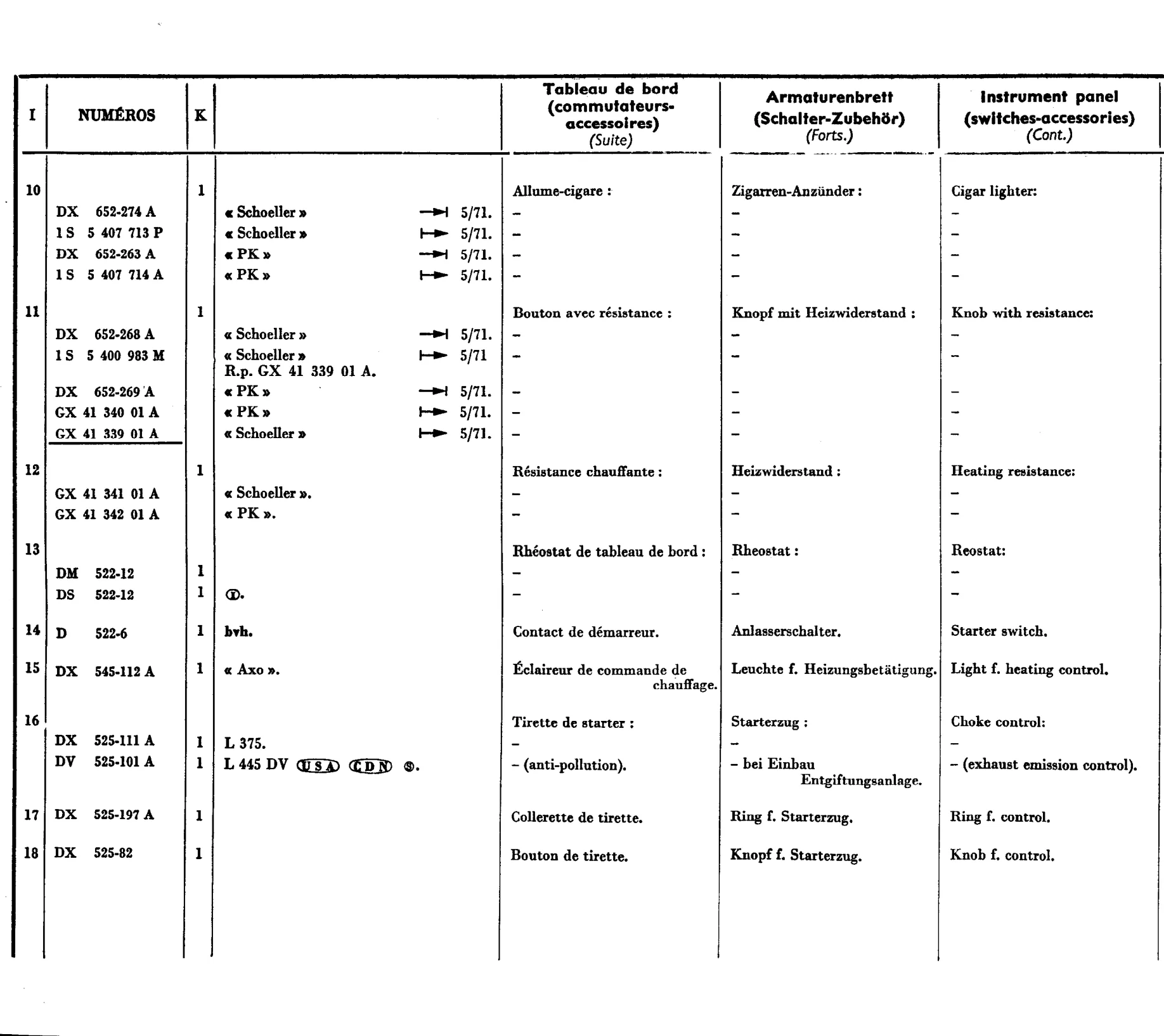 Switches, accessories, page 412 of 698 — 604 Parts Catalogue — Volume I