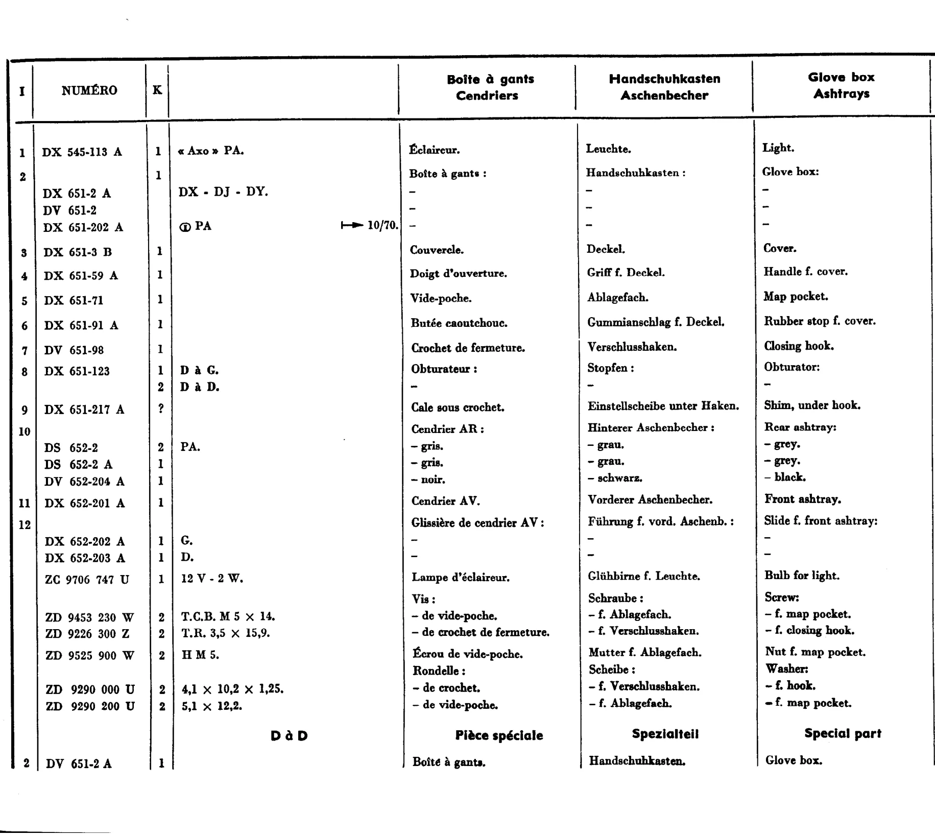 Glove box, Ashtrays, page 418 of 698 — 604 Parts Catalogue — Volume I