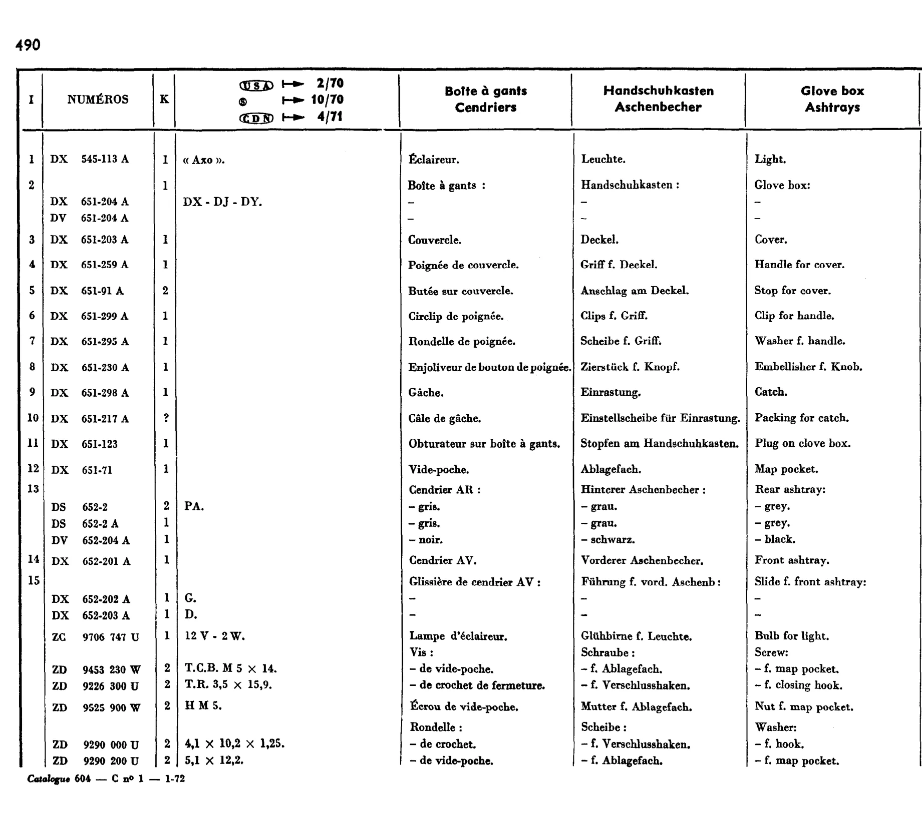 Glove box, Ashtrays, page 419 of 698 — 604 Parts Catalogue — Volume I