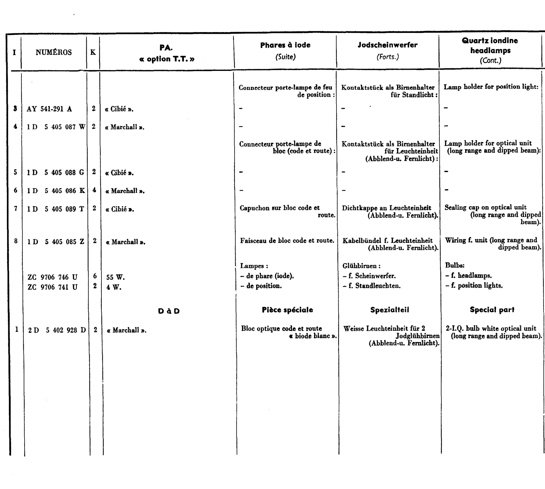 Quartz  Iodine headlamps, page 432 of 698 — 604 Parts Catalogue — Volume I