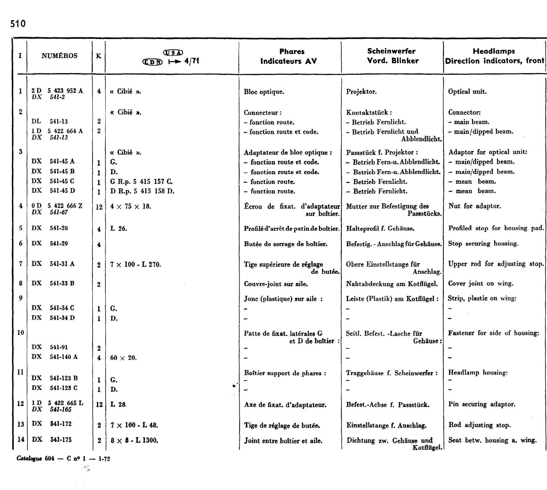 US headlamps etc, page 434 of 698 — 604 Parts Catalogue — Volume I