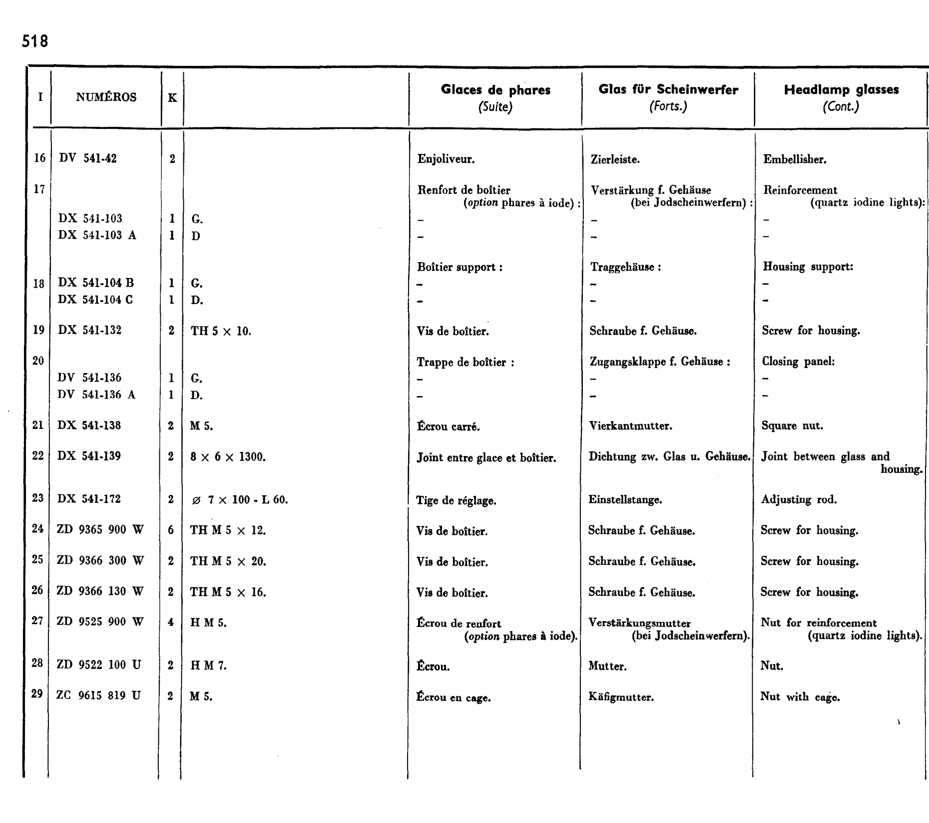 Headlamp glass, page 439 of 698 — 604 Parts Catalogue — Volume I