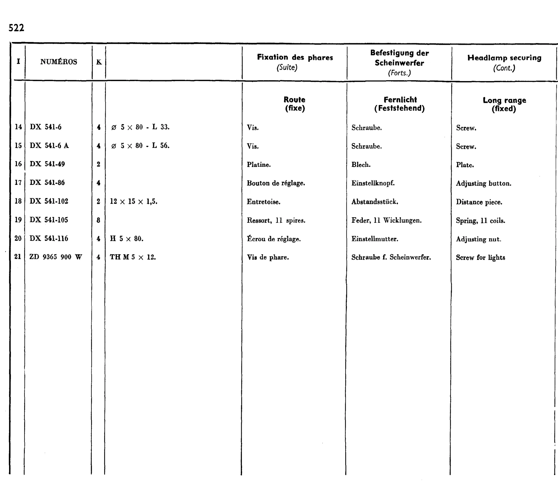Headlamp securing, page 442 of 698 — 604 Parts Catalogue — Volume I