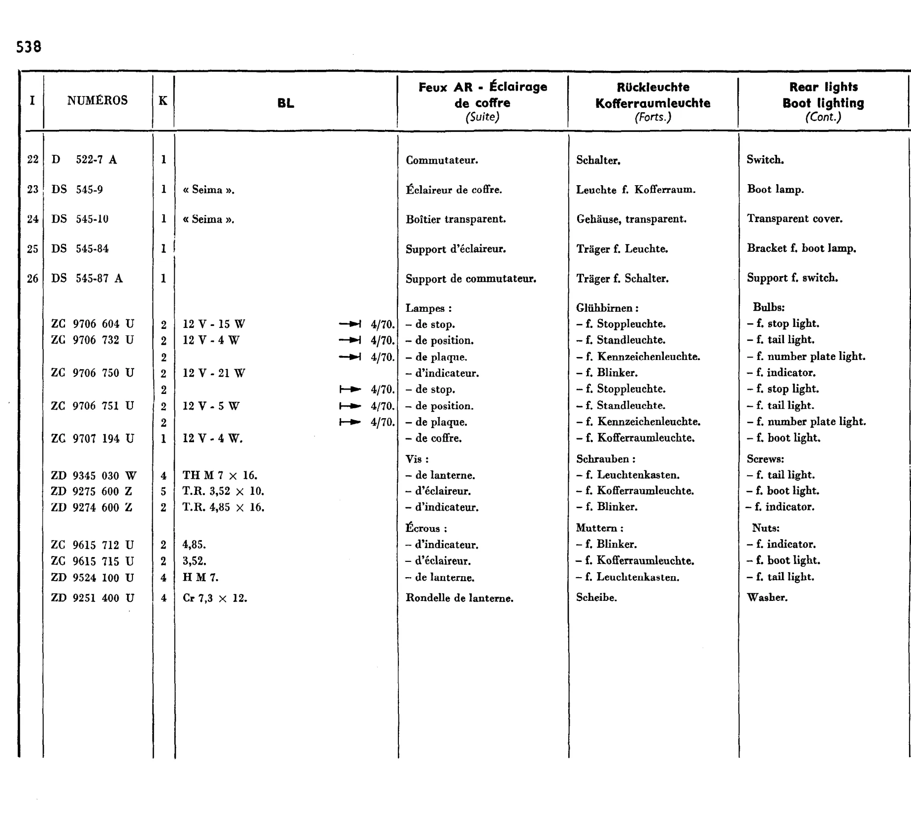 Rear lights, boot light, page 455 of 698 — 604 Parts Catalogue — Volume I