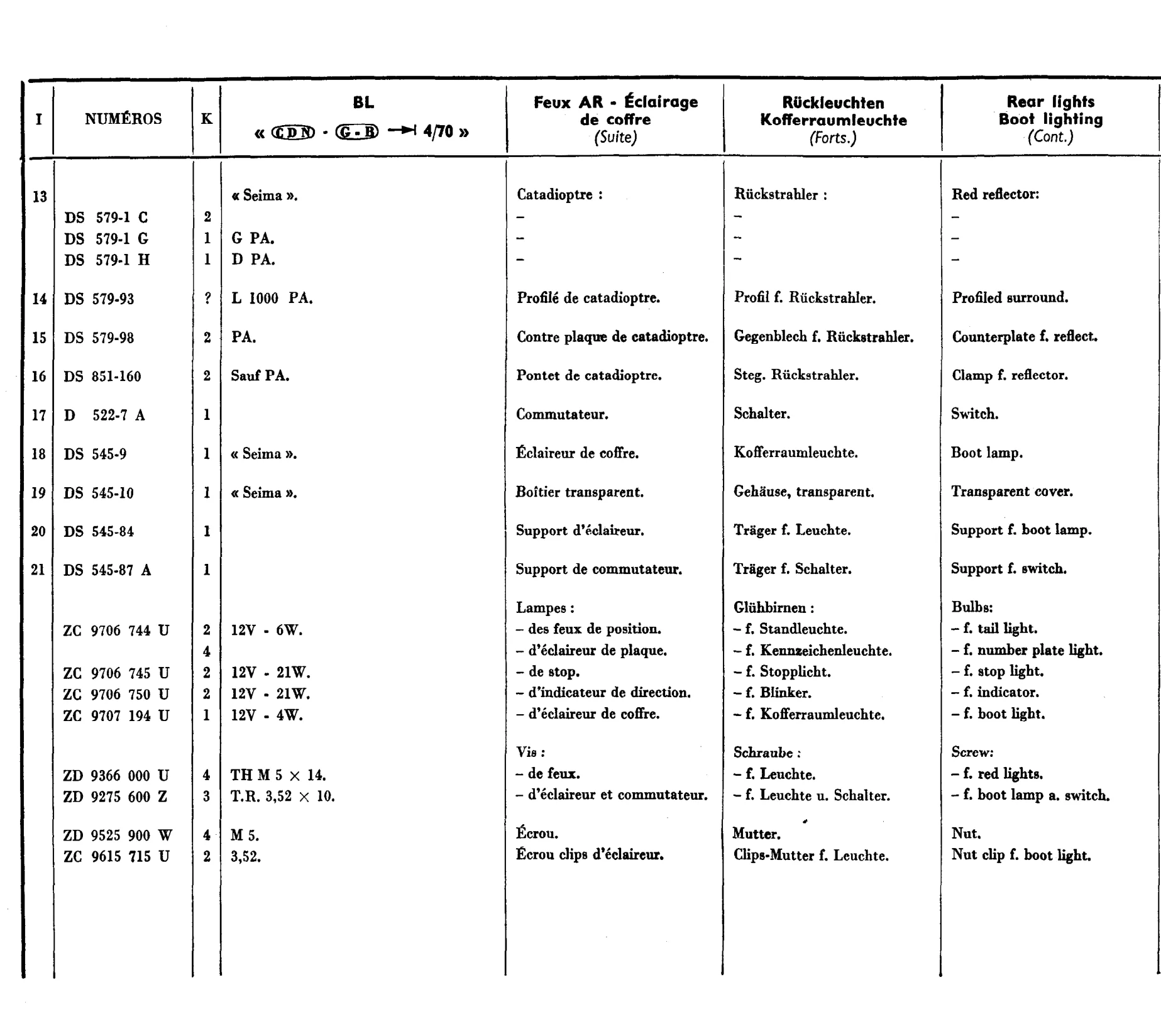Rear lights, boot light, page 459 of 698 — 604 Parts Catalogue — Volume I