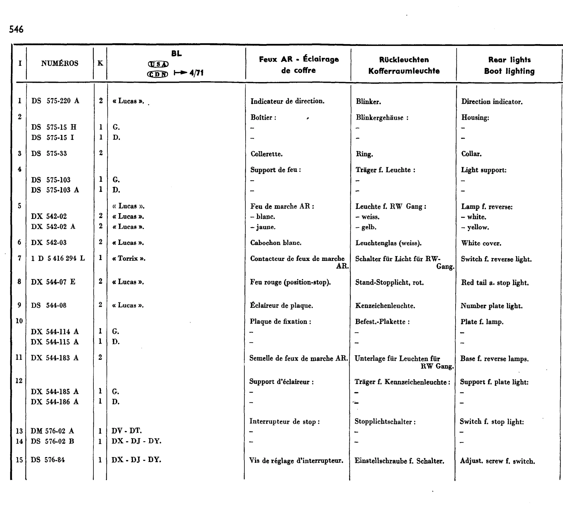 Rear lights, boot light, page 461 of 698 — 604 Parts Catalogue — Volume I