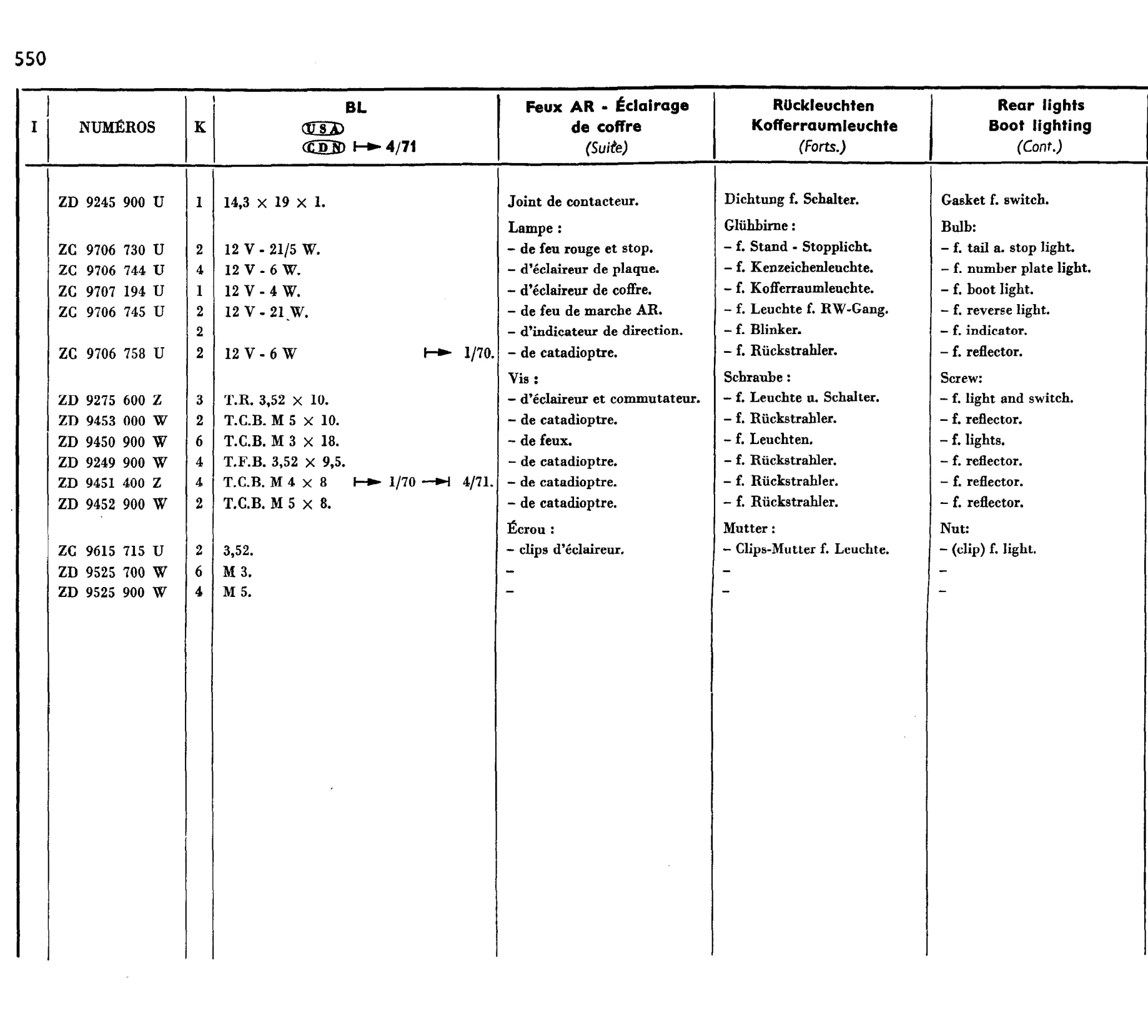 Rear lights, boot light, page 463 of 698 — 604 Parts Catalogue — Volume I