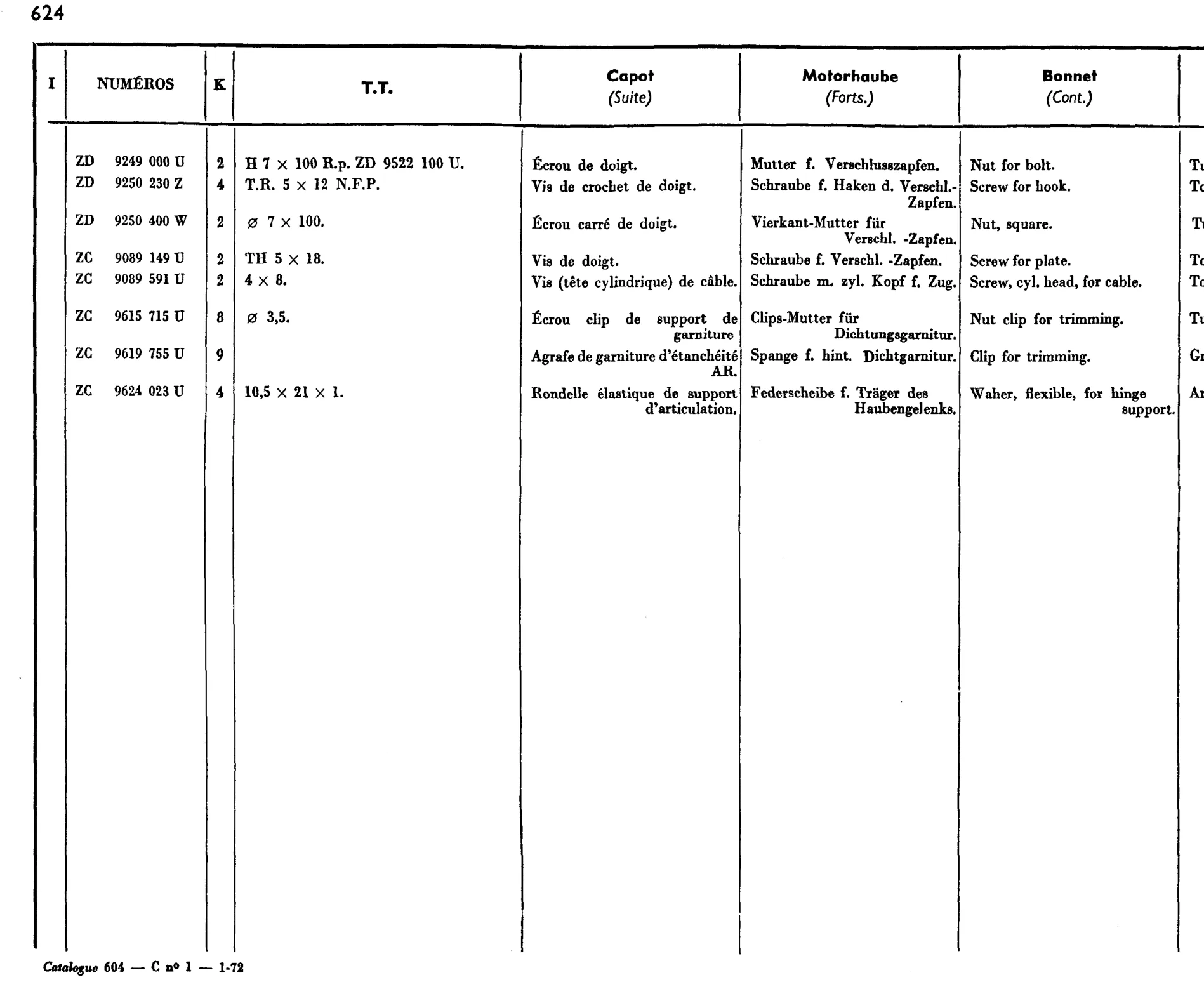 Bonnet, page 521 of 698 — 604 Parts Catalogue — Volume I