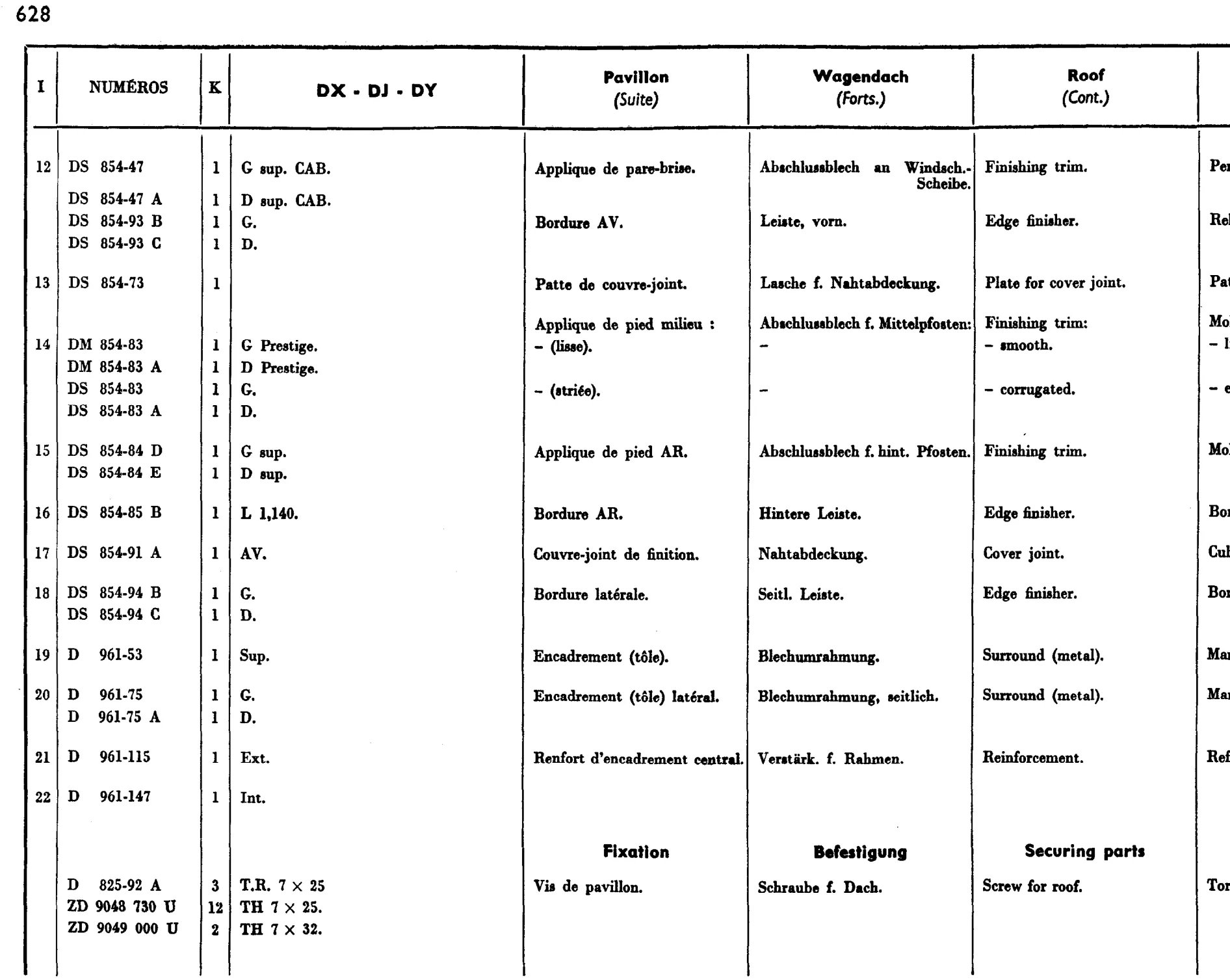Roof DX, DJ, DY, page 524 of 698 — 604 Parts Catalogue — Volume I